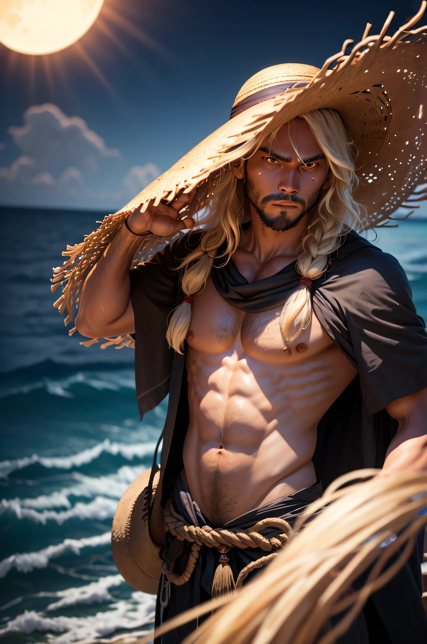 photograph of ISLAND male with tangled blond hair with straw hat in night scary shadows in angry aura scary