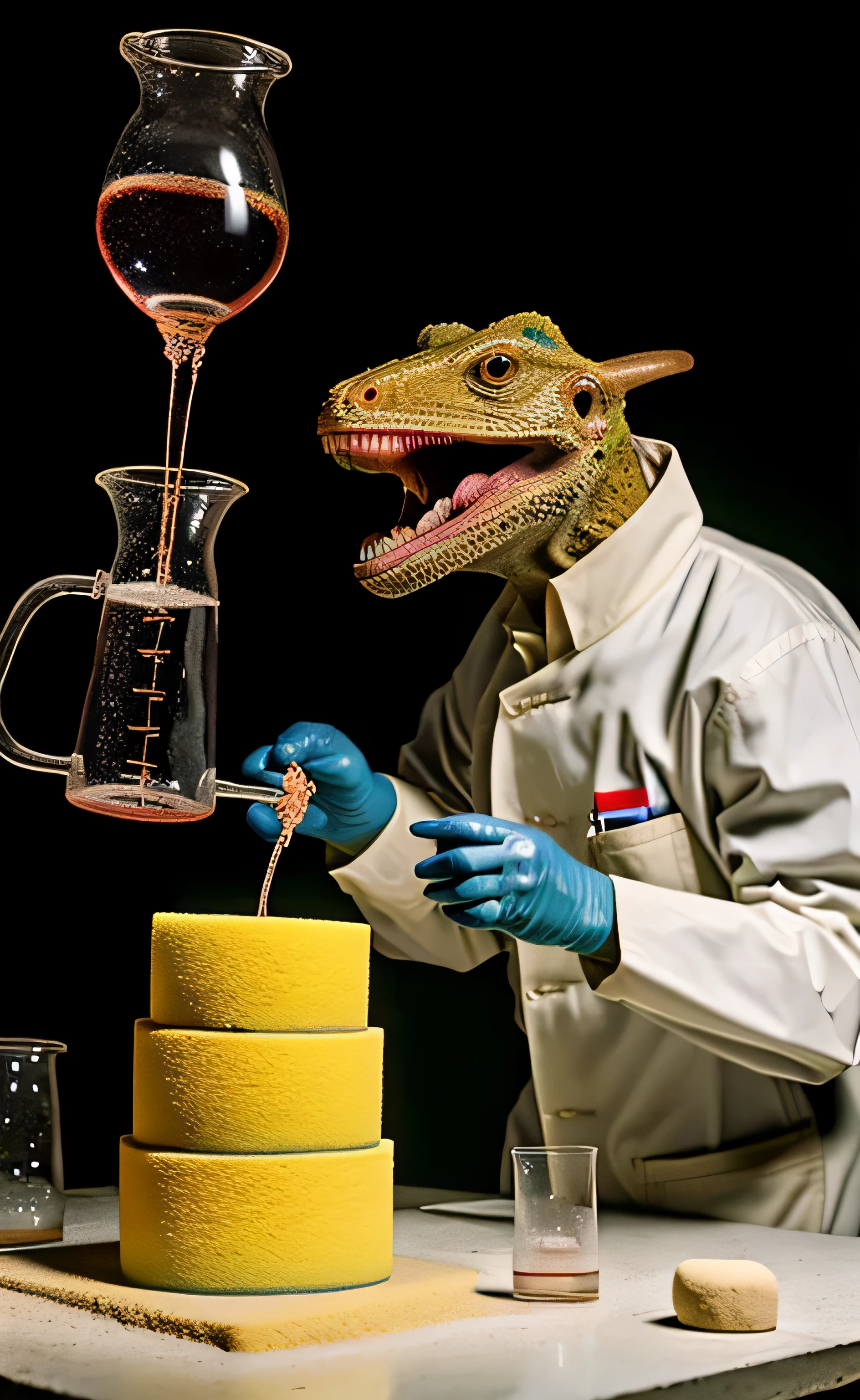a gay lgbtq brown lizard with an angry face, long tail, large teeth, pure evil, low salary, wearing a lab coat making white sponges at night in the lab with no light, chemistry glassware, ultra realistic, picture, natural photo, sweat, water, flood, profile picture