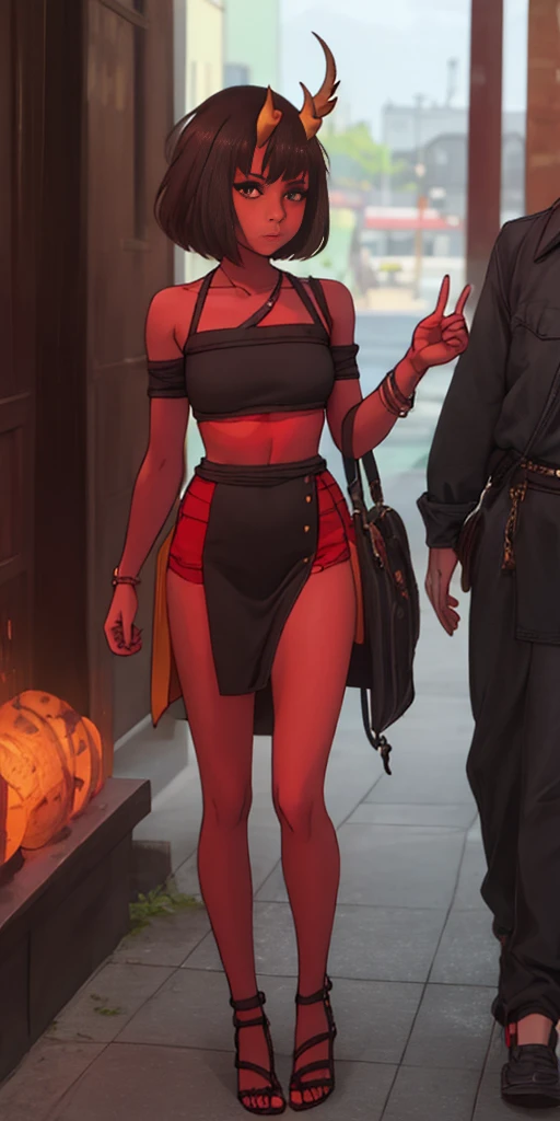SFW, Female Full body standing straight symmetrical, looking to the viewer, hands on hips, peace sign, A woman,short detailed hair,ember,white backgrounid,Masterpiece, Best quality, Beautiful, Visually stunning, elegant, incredibily detailed, Award-winning art, 0n1, Red skin, oni horns, their, Red them, Colored skin, metal sandals