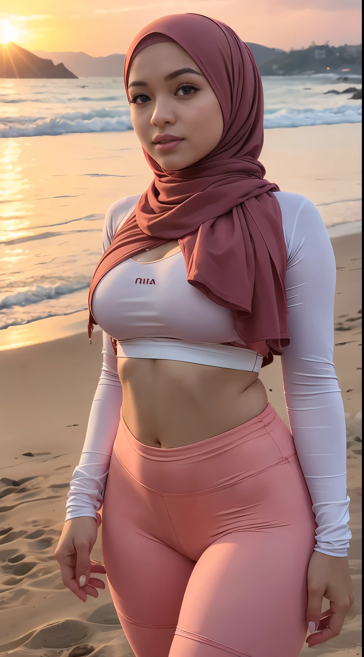 mira filzah sexy seducing pose, sunrise beach, mira filzah:1.1), wearing hijab, pastel color hijab, red pastel short gym outfit, small tits, small breast, flat chest, wide waist, thick thighs, bright lighting, plum camel toe, wet camel toe, wet, high quality, detail face, 16k, ray lighting,