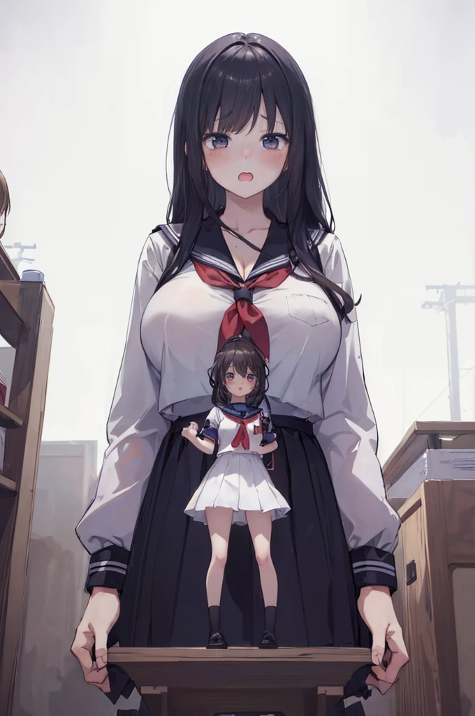 (a girl in front of a giantess girl: 1.1), (2girls:1.7), (a giantess looking down at a girl), , (giantess:1.2), (:3), cute girl serafuku, (school: 1.1), cleavage, very detailed, beautiful, professionally drawn, (huge breasts), (cleavage sweat), (anime drawing:1.1), sketch, (anime:1.1), (very cute anime girl), (bright), (low contrast), collarbone, (prettiest teenage girl), (mature face: 1.4), (tall girl with big breasts: 1.2), (:D), (scared minigirl: 1.2)