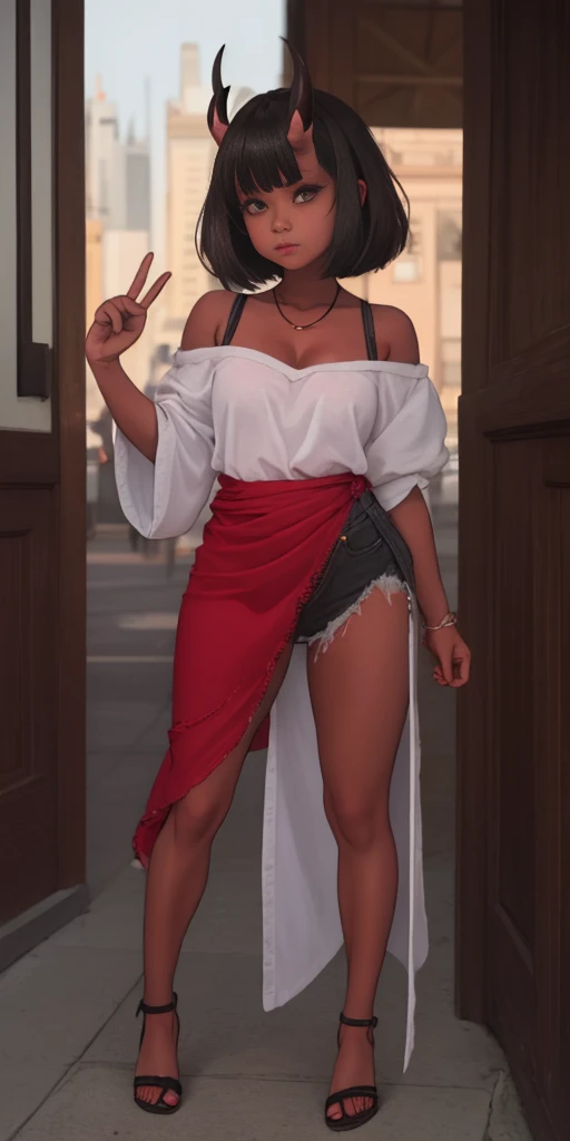 SFW, Female Full body standing straight symmetrical, looking to the viewer, hands on hips, peace sign, A woman，short detailed hair，ember，white backgrounid，Masterpiece, Best quality, Beautiful, Visually stunning, elegant, incredibily detailed, Award-winning art, 0n1, Red skin, oni horns, their, Red them, Colored skin, metal sandals