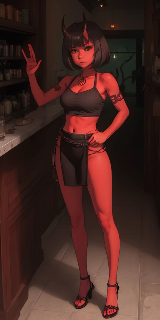 SFW, Female Full body standing straight symmetrical, looking to the viewer, hands on hips, peace sign, A woman，short detailed hair，ember，white backgrounid，Masterpiece, Best quality, Beautiful, Visually stunning, elegant, incredibily detailed, Award-winning art, 0n1, Red skin, oni horns, their, Red them, Colored skin, metal sandals