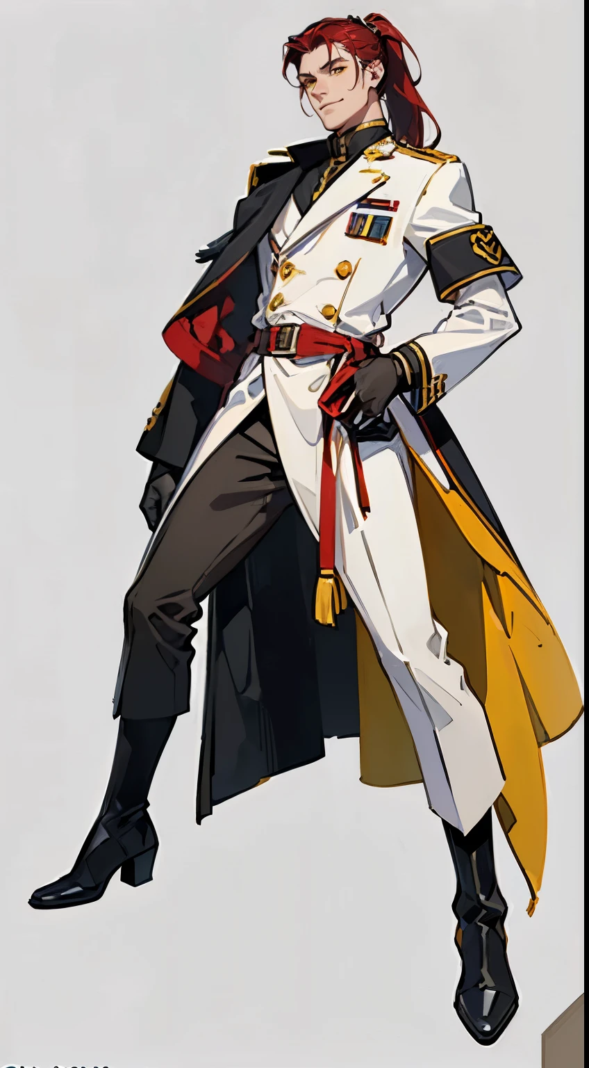 ((masterpiece,best quality,8k,highres)),((character concept art)), 1 male, young male , general, 190cm tall, extraordinary handsome, charming, (smirk smile), athlete body shape (muscular), ultra finely detailed eyes (yellow eyes colour), intricate details, male long hair, ponytail, (maroon hair colour), super finely detailed hands, ultra finely detailed fingers(((ten finger))), full black army general outfit, black gloves, black boots, standing still, full body showcase, (show full body), (no logos on background), (no logo), (( background)), ((plain background)), ((plain background)), (((empty background)))