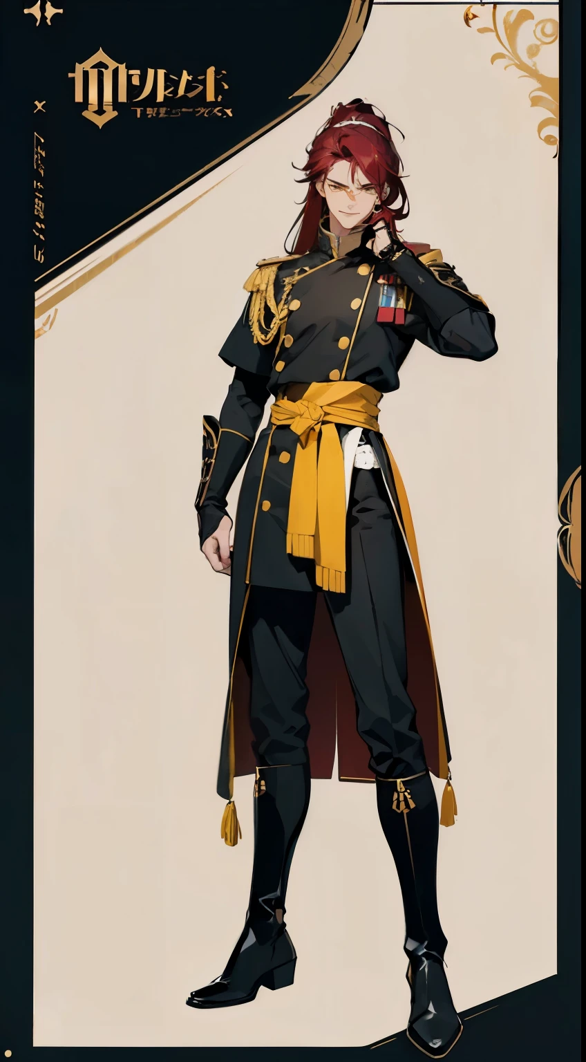 ((masterpiece,best quality,8k,highres)),((character concept art)), 1 male, young male , general, 190cm tall, extraordinary handsome, charming, (smirk smile), athlete body shape (muscular), ultra finely detailed eyes (yellow eyes colour), intricate details, male long hair, ponytail, (maroon hair colour), super finely detailed hands, ultra finely detailed fingers(((ten finger))), full black army general outfit, black gloves, black boots, standing still, full body showcase, (show full body), (no logos on background), (no logo), (( background)), ((plain background)), ((plain background)), (((empty background)))