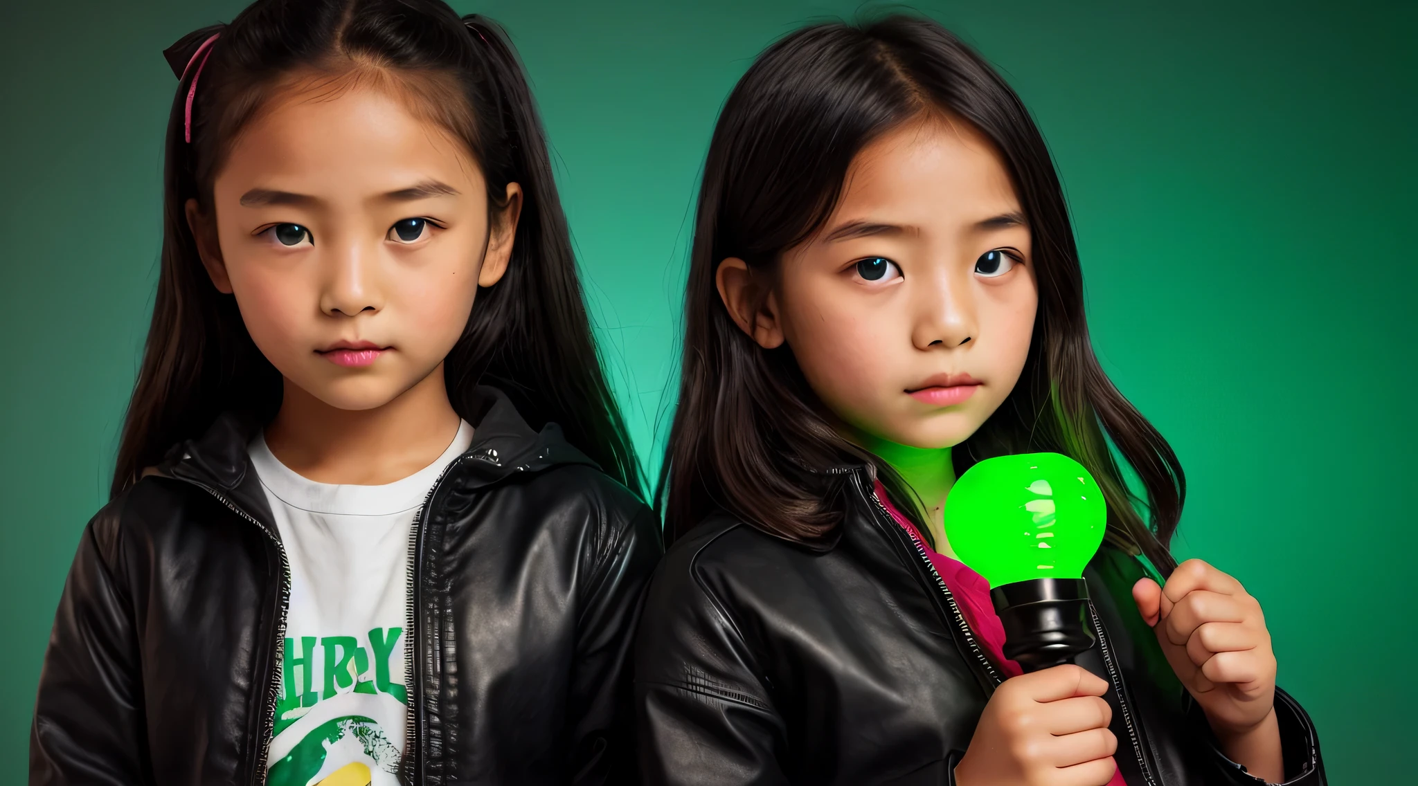 there are two holding a green light bulb, olhos verdes jaqueta verde couro sobrenatural, Poster photo, brilho verde,