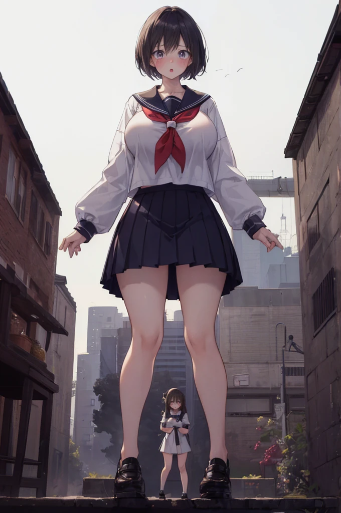 (a girl in front of a giantess girl: 1.1), (2girls:1.7), (a giantess looking down at a girl), , (giantess:1.2), (:3), cute girl serafuku, (school: 1.1), cleavage, very detailed, beautiful, professionally drawn, (huge breasts), (cleavage sweat), (anime drawing:1.1), sketch, (anime:1.1), (very cute anime girl), (bright), (low contrast), collarbone, (prettiest teenage girl), (mature face: 1.4), (tall girl with big breasts: 1.2), (:D), :o