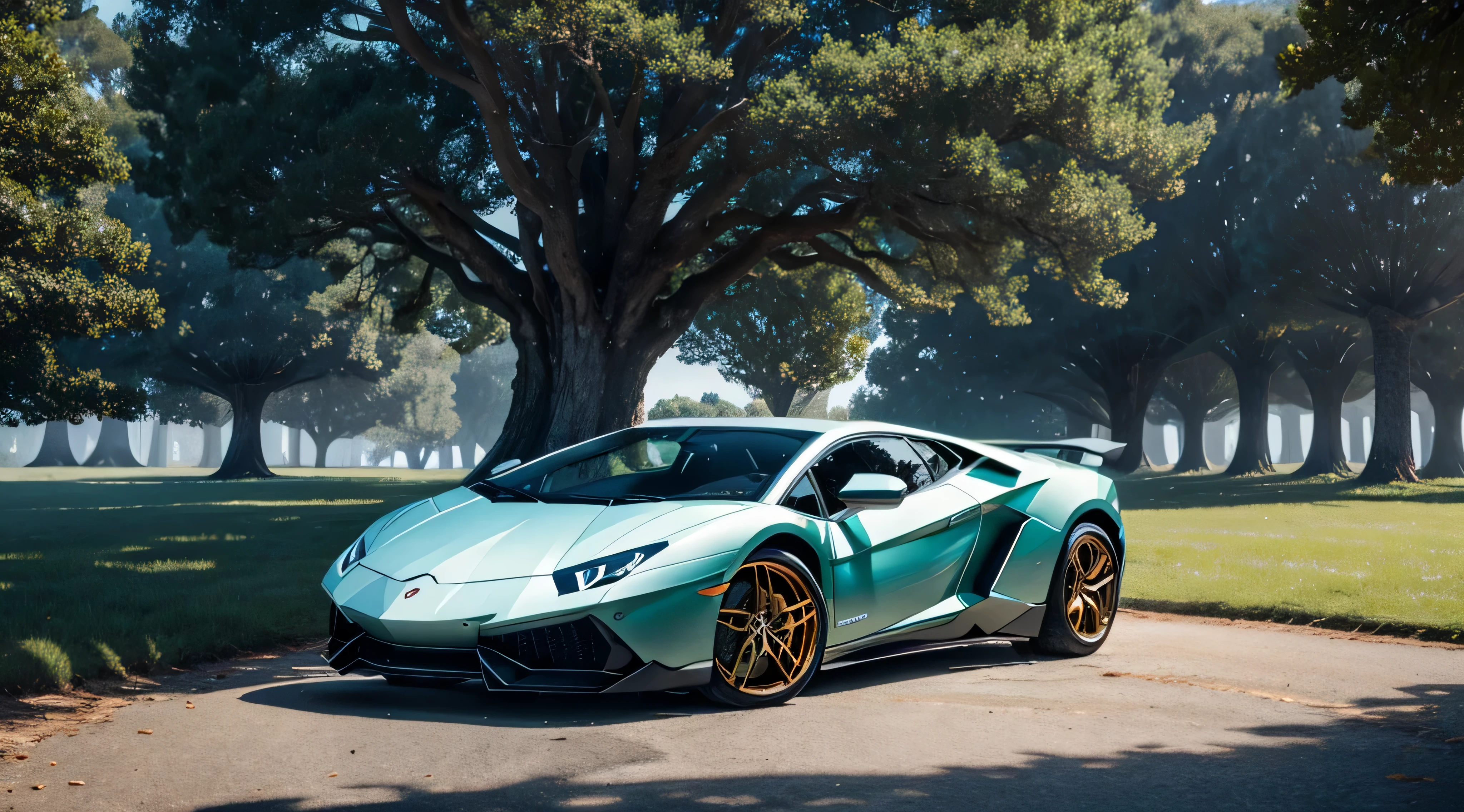 Beautiful realistic snowflakes fall on a standing Lamborghini under a large century-old oak tree with green leaves.., Lamborghini golden orange with blue stripes, realistic green tall grass around, the sun breaks through a century-old tree, Tall fantastic giant mushrooms grow, Good focus, high detail, High Quality 8K, high quality 32k, ultra hd 8 high quality 32k, ultra HD 8k f/45mm, Ultra HD 8K
