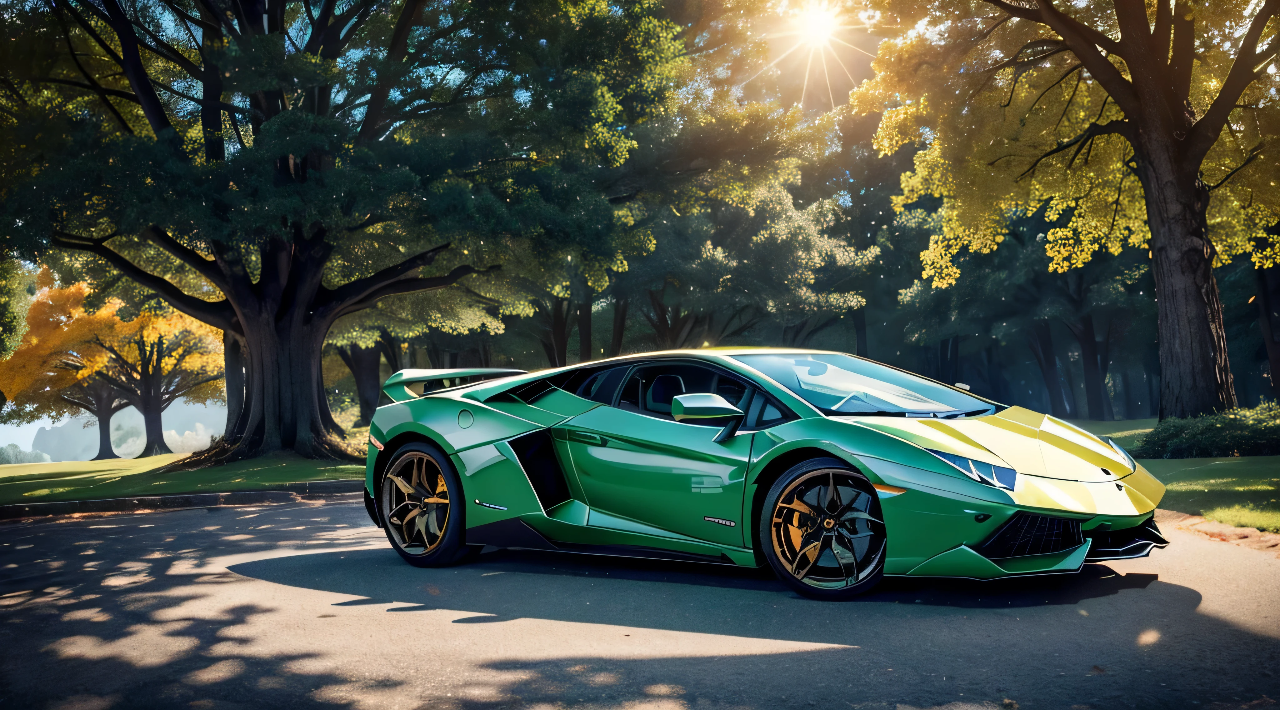 Beautiful realistic snowflakes fall on a standing Lamborghini under a large century-old oak tree with green leaves.., Lamborghini golden orange with blue stripes, realistic green tall grass around, the sun breaks through a century-old tree, Tall fantastic giant mushrooms grow, Good focus, high detail, High Quality 8K, high quality 32k, ultra hd 8 high quality 32k, ultra HD 8k f/45mm, Ultra HD 8K