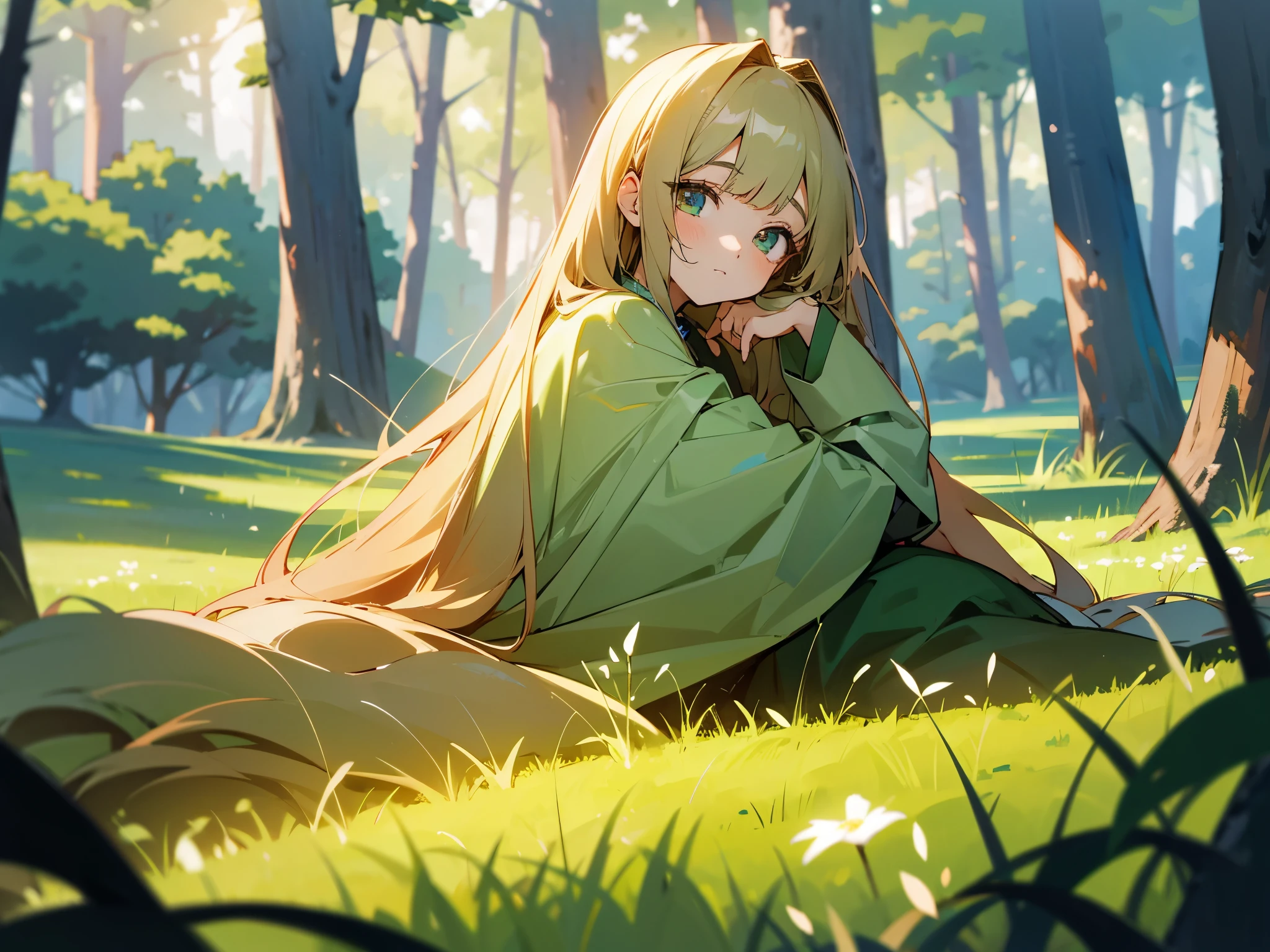 1 anime girl with long hair, beautiful eyes, masterpiece, high res, ultrasharp and 8K qualities.  The character is in a tranquil natural setting, such as a meadow or forest. Earthy tones and a sense of peace