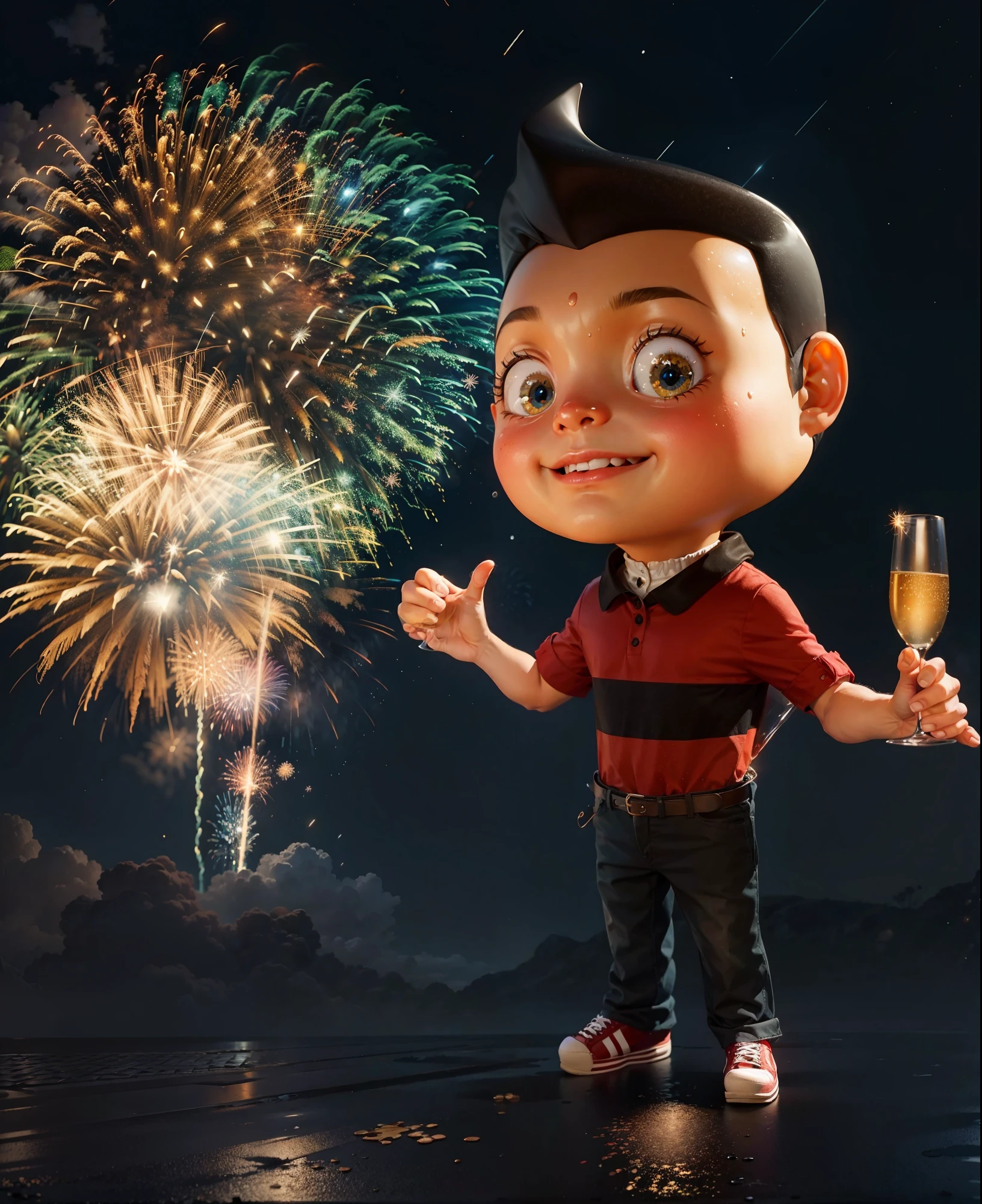 Feliz Ano Novo, a character standing on the wet asphalt holding a glass of Champagne and in the background fireworks in the starry sky