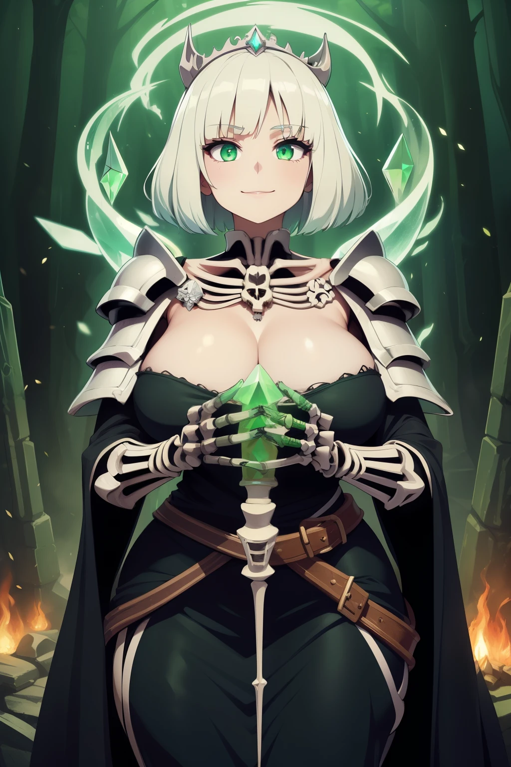 ((masterpiece, best quality:1.4)), illustration, 8k, hd, cowboy shot, anime style, detail face, detail eyes, necromancer girl, tomb, black robe, black royal dress, (massive boobs), massive ass, short white hair, green eyes, mature, evil smiling, glowing eye, (royal bone crown with jewels, bone shoulder armour, jewels), (holding skeleton staff, skeleton stuff with green crystal), skeleton armour, (((casting spell, green fire)))