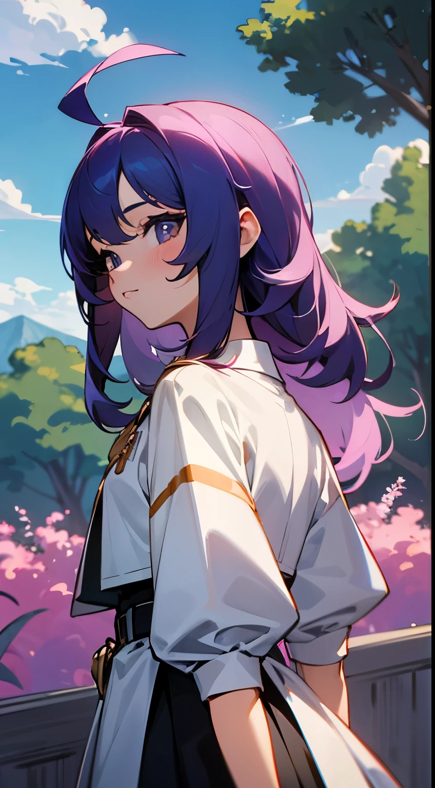 1 girl, juego CG, Albornoz blanco, Colgante Joya, pechos gigantescos, cabello rosado, Cabello largo, cabello hacia arriba, Peinado de princesa, Ahoge, ojos rosados, Mountains, trees, dentro, lluvia, sentada, desde el lado,