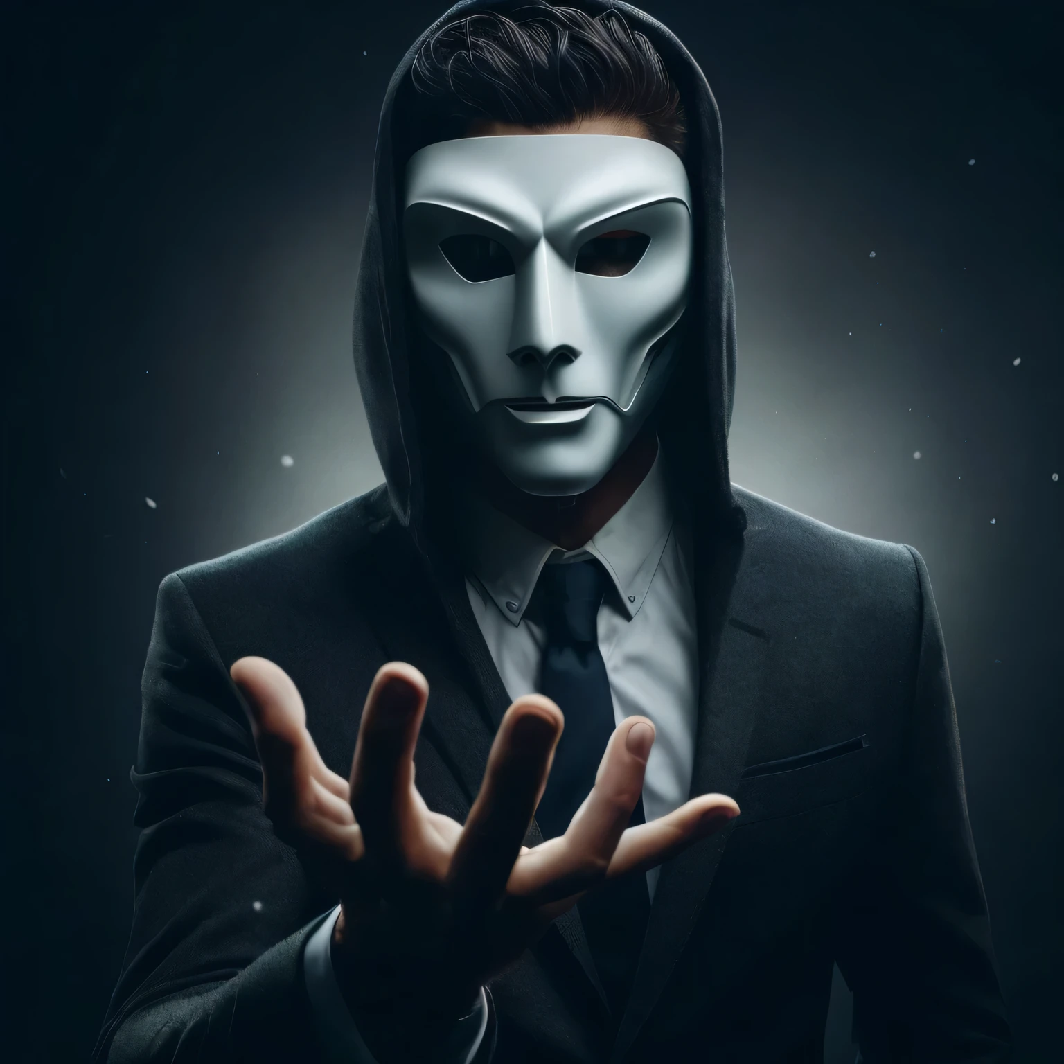 GhostMale, mask male ghost, 1male, face, simple white background, glow, bright lights, suit,