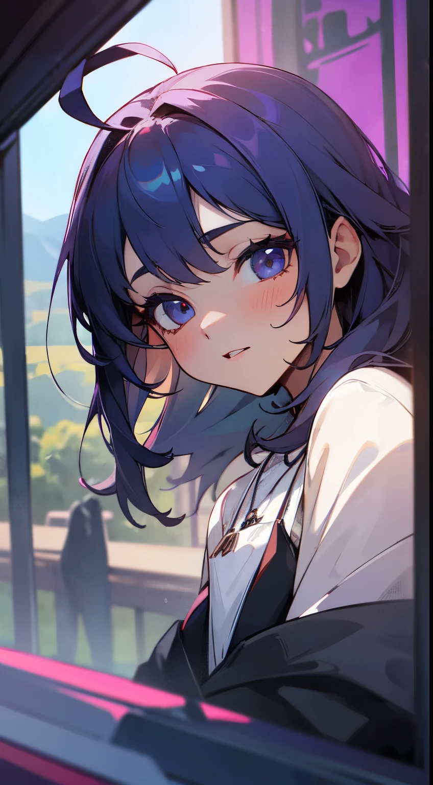 1 girl, juego CG, Albornoz blanco, Colgante Joya, pechos gigantescos, cabello rosado, Cabello largo, cabello hacia arriba, Peinado de princesa, Ahoge, ojos rosados, Mountains, trees, dentro, lluvia, sentada, desde el lado,