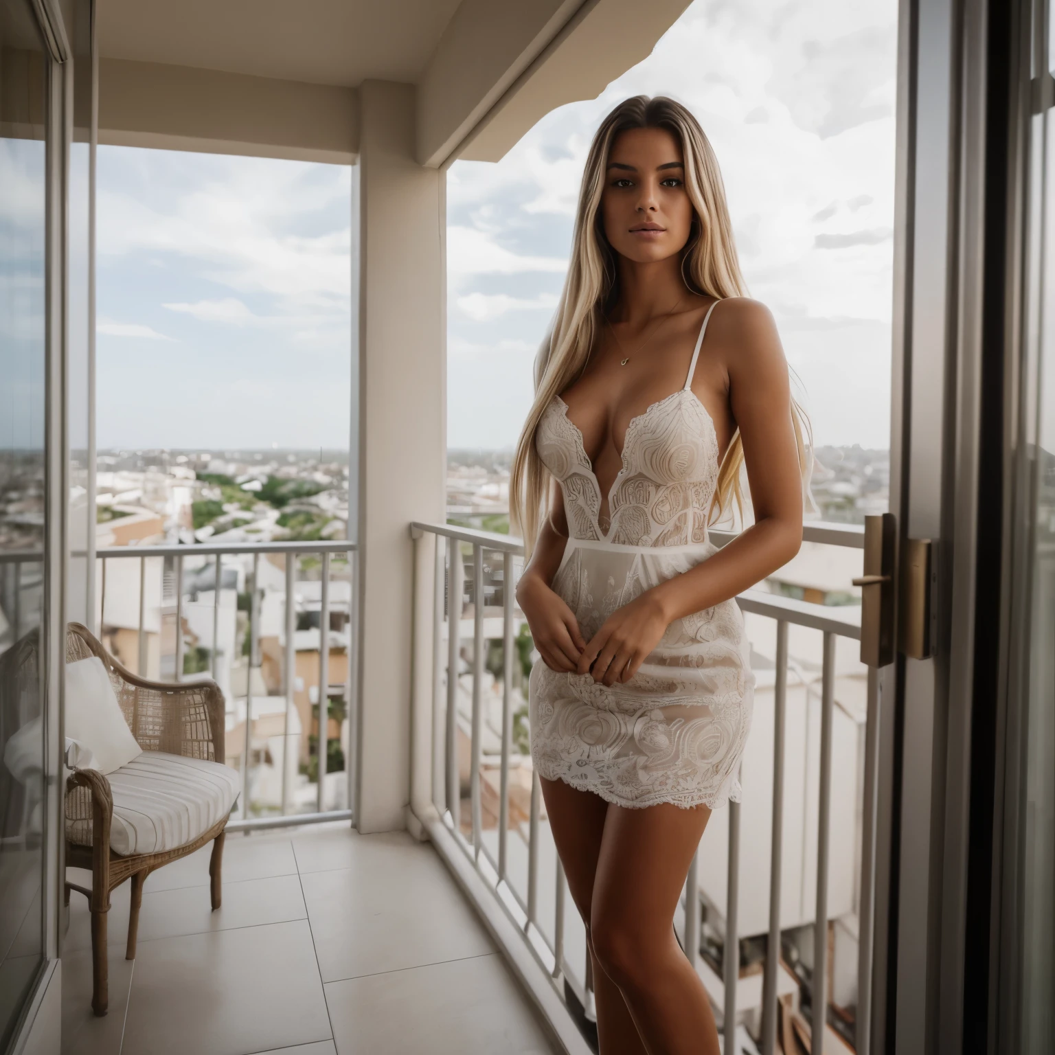 RAW photo, a 20-year-old Brazilian woman, blonde balayage, long hair, medium size breast, hour glass shaped body, realistic, masterpiece, highest quality,best shadow,  , photorealism, hyperrealism, only one girl, wearing sexy dress and tiny high heels, french balcony, hands in pockets, looking down, goeing away, night light