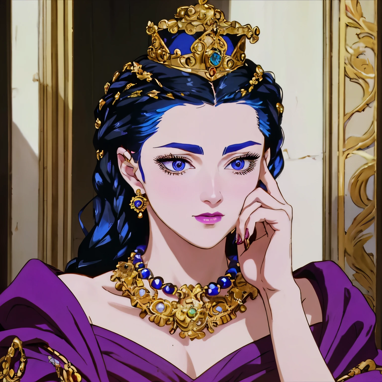 (best quality,4k,8k,highres,masterpiece:1.2),ultra-detailed,(realistic,photorealistic,photo-realistic:1.37),portrait,blue hair,glasses,shy expression,royal crown,looking directly at the viewer,delicate facial features,fine details,soft and smooth skin,pale complexion,hint of a smile,subtle blush on the cheeks,intense gaze,piercing eyes with vibrant blue irises,fine eyebrows,thick,curled eyelashes,meticulously painted lip,colorful makeup,sparkling earrings,fine lines on the forehead and around the eyes,impeccable lighting,subtle shadows,beautifully styled hair,with intricate braids and delicate accessories,ornate and detailed golden crown,with precious gemstones and intricate patterns,embellished clothing,royal attire in rich and vibrant colors,pearl necklace,pensive and introspective pose,rich background with a touch of elegance and sophistication,subtle gradients and smooth transitions,professional artistry,exquisite attention to detail,impeccable composition,vivid colors,pure joy in the portrait,showcasing the woman's unique blend of confidence and vulnerability.