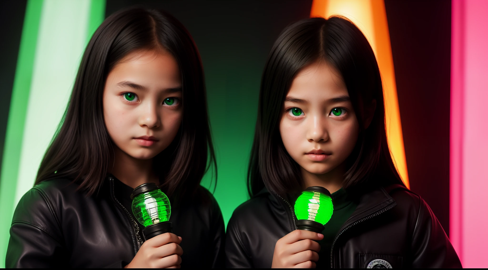 Russian children GIRLS 10 years old WITH LONG STRAIGHT HAIR dark, PORTRAIT STYLE, black leather jacket that are holding a lamp, promotional image of the film, promotional image, promotional image, promotional art, next gen, bright green, green glow, TV show, bright green eyes, key art, Green glow, neon green, supernatural green eyes, photo render, enigmatic!!, Color yet,  Rendered image