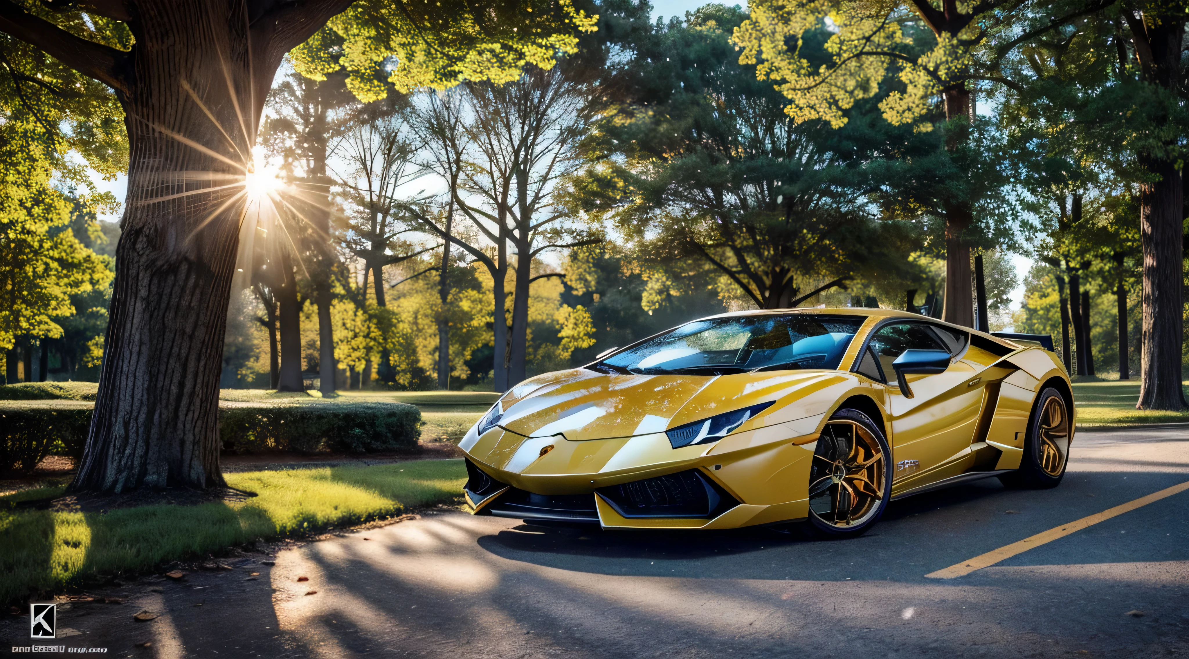Beautiful realistic snowflakes fall on a standing Lamborghini under a large century-old oak tree with green leaves.., Lamborghini golden orange with blue stripes, realistic green tall grass around, the sun breaks through a century-old tree, Tall fantastic giant mushrooms grow, Good focus, high detail, High Quality 8K, high quality 32k, ultra hd 8 high quality 32k, ultra HD 8k f/45mm, Ultra HD 8K