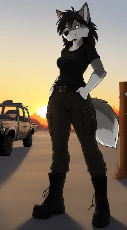 by Rick Griffin, Rick Griffin, (((anthro wolf, woman, antrum, extremely detailed, extremely detailed legs, extremely detailed arms, extremely detailed face, perfectly detailed eyes, perfectly detailed anatomy))): 1.2, solo, ((1woman)), perspective, curved thighs, curvature, (tail), ((standing on post-apocalyptic road)), midday, ((small breasts)), ((long shaggy black hair)), ((toned)), ((fluffy fur)) ((black BDU shirt)), ((black BDU pants)), ((combat boots)), ((grey fur)), Post-apocalyptic world, mad max vehicle