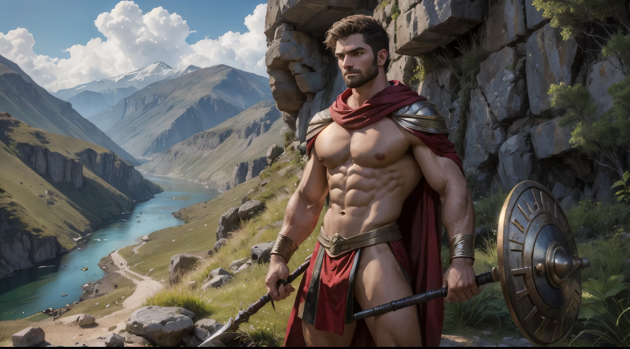 broad male muscular spartan warrior, short slick black messy hair, hazel brown eyes, facial symmetry (((detailed Greek masculine features))), posing with greek inspired spear and shield, crimson red cloak, greek inspired background landscape including eurotas river and dense mountains (((idyllic))), partial nudity, ultra-detailed, aesthetic, masterpiece, best quality