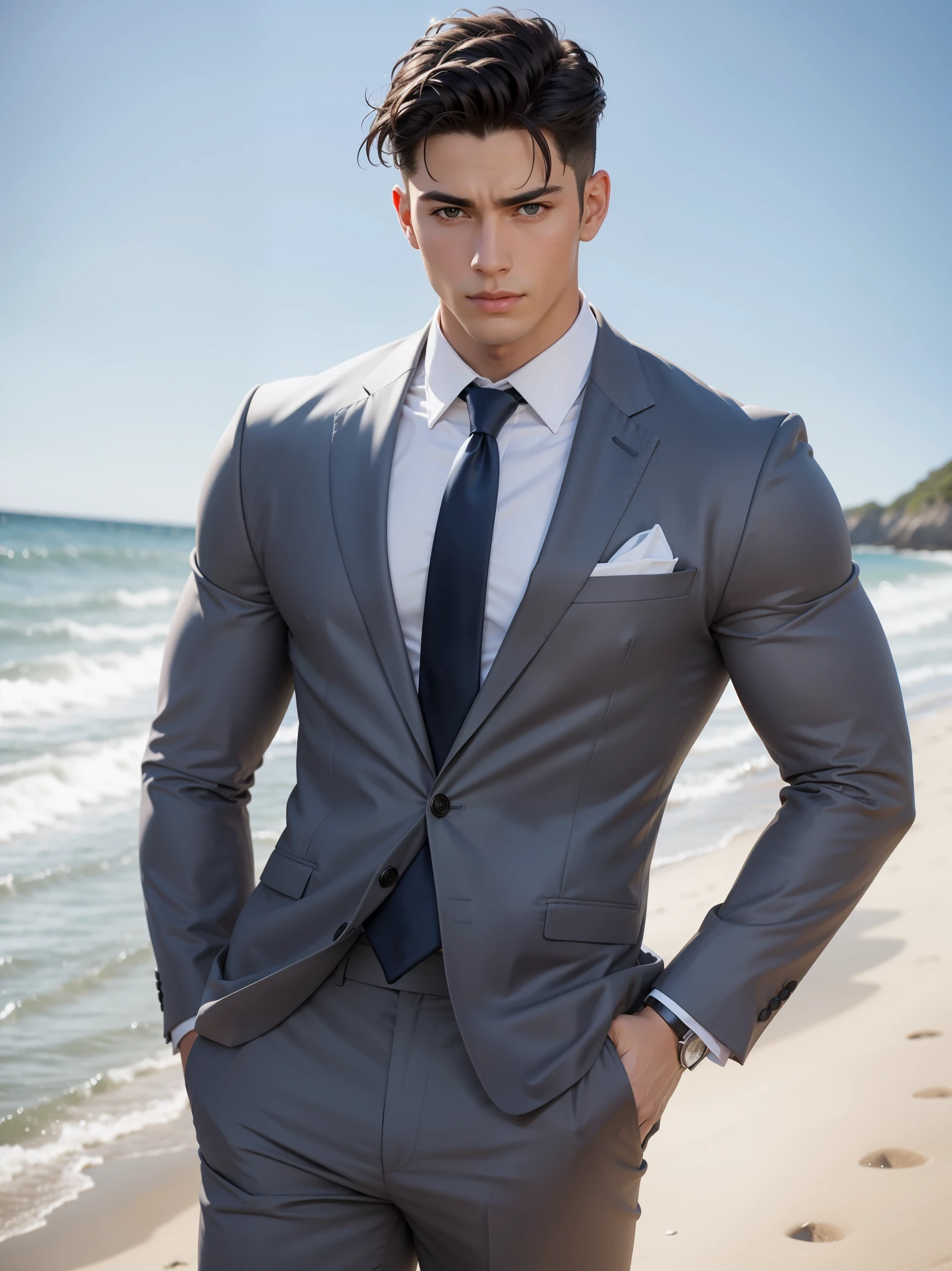 a very handsome muscular male model in gray suits and full-length necktie at beach, with short hairs