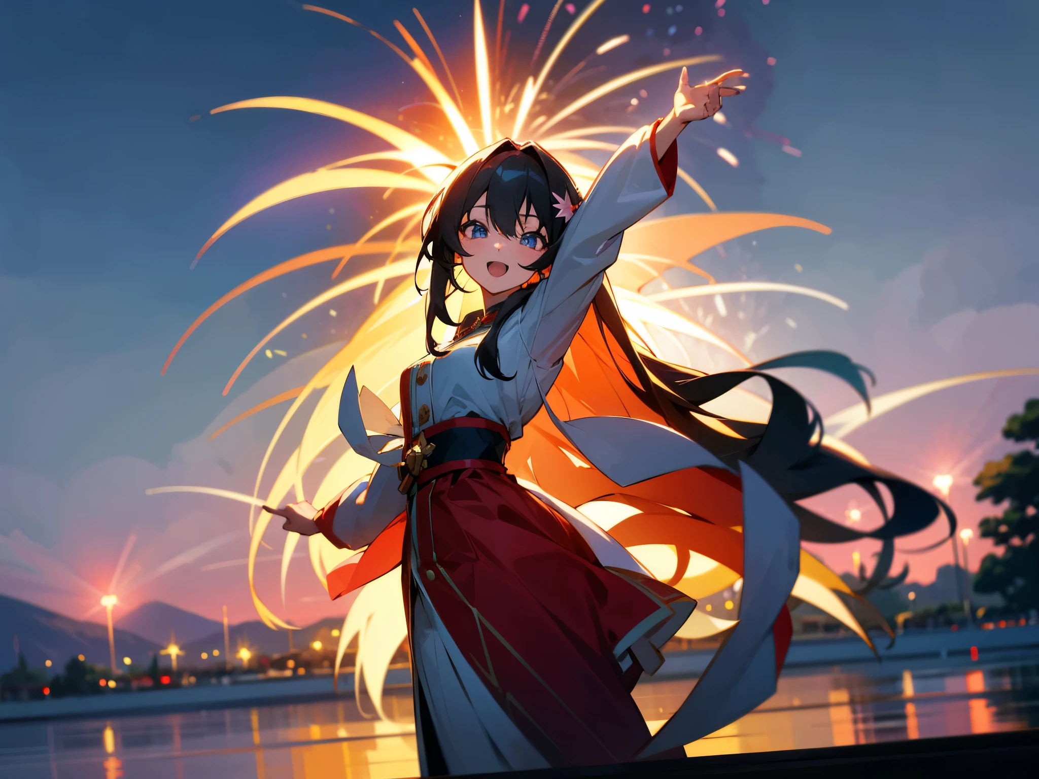 1 anime girl with long hair, beautiful eyes, masterpiece, high res, ultrasharp and 8K qualities. Create a festive scene with the character enjoying a fireworks display. Bold colors and dynamic poses can convey the excitement of a summer night festival.