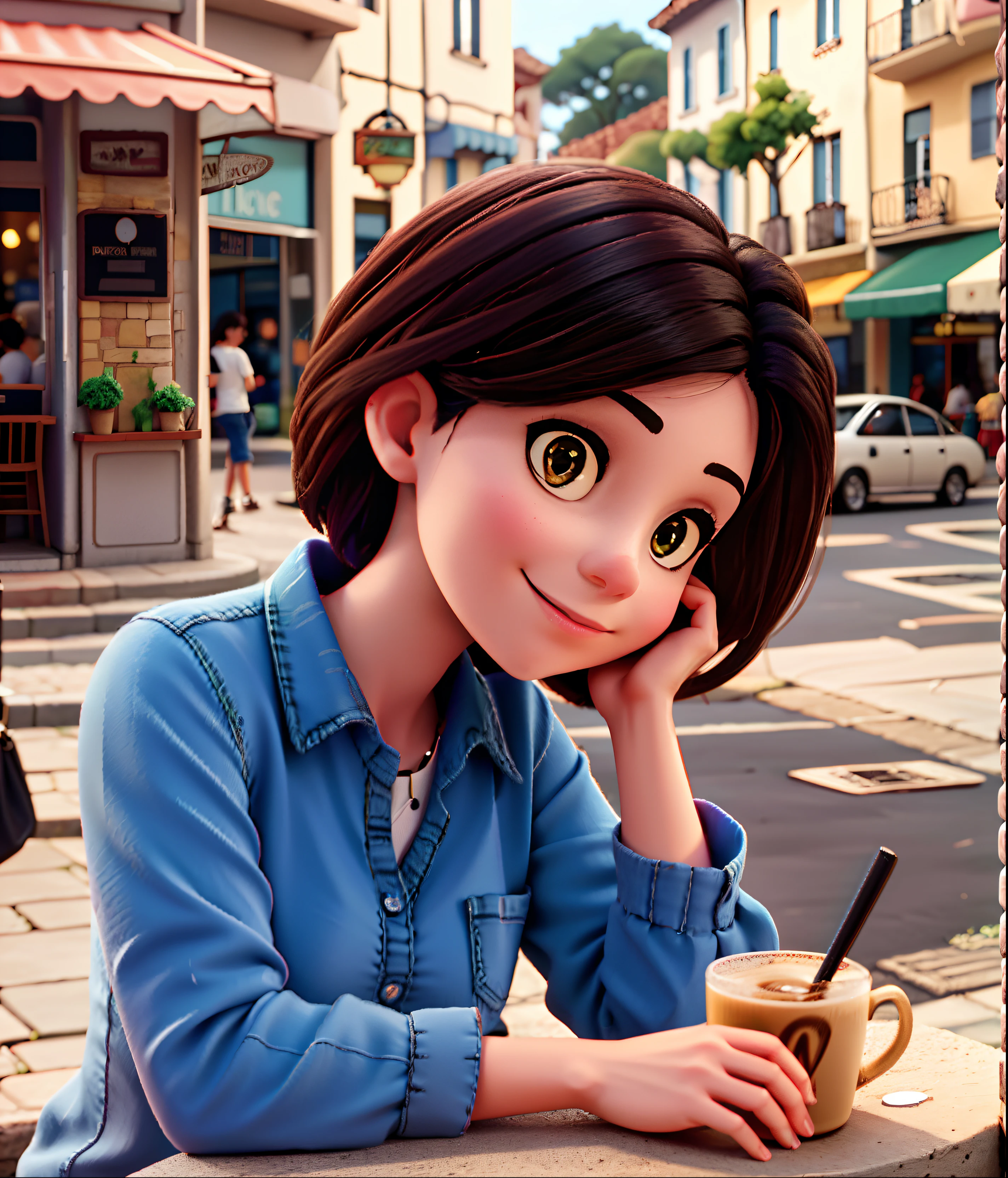 Beautiful Brazilian woman sitting and drinking coffee outside on the side of the street in a small café, beautiful face, Short black hair down to the nape of her neck with brown eyes and heavy eyeshadow, Wearing jeans and a black polo shirt, grande estilo de moda, looking at you with loving eyes and a soft smile, Background is a European city of the city center, fundo desfocado, profundidade de campo rasa, Cinematic light, luz suave, retroiluminado, micro-detalhes, renderizado, fotorrealista, cinemactic, 85mm 1.4