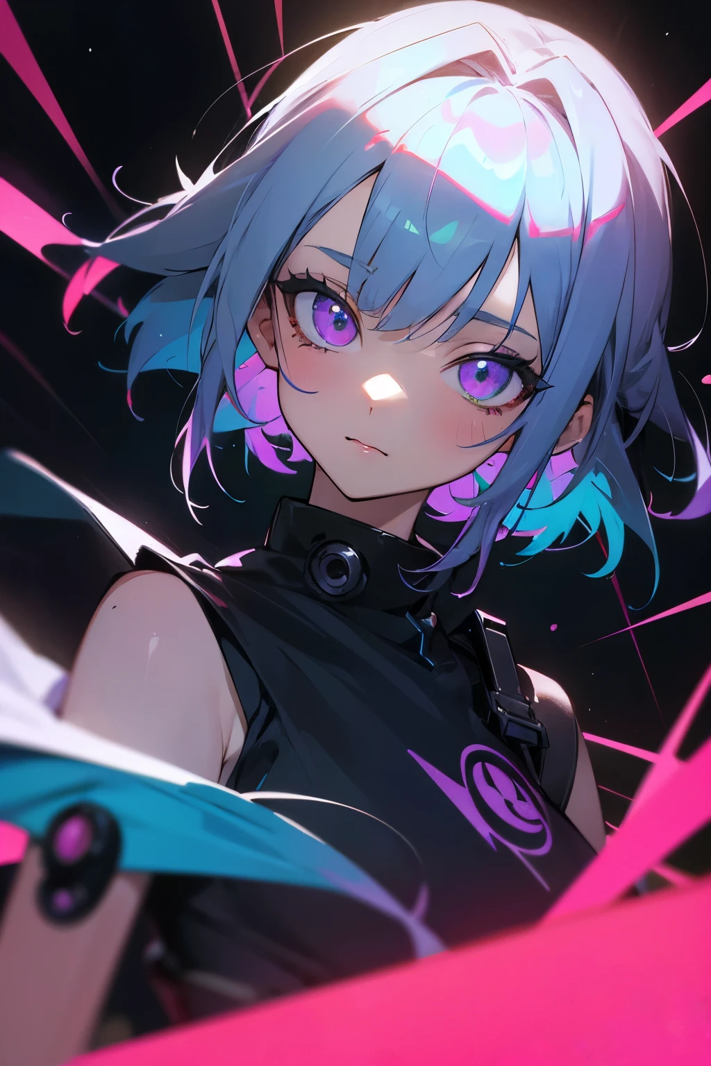 1 girl、purple short bob hair clip tied into a bun、black eyes、small breasts、uniform、gray jacket with pink line、blue skirt、 fingerless gloves、thighs、Ilcha  fousing on her, surprise face, having her hands on her face, making cute expressing face.