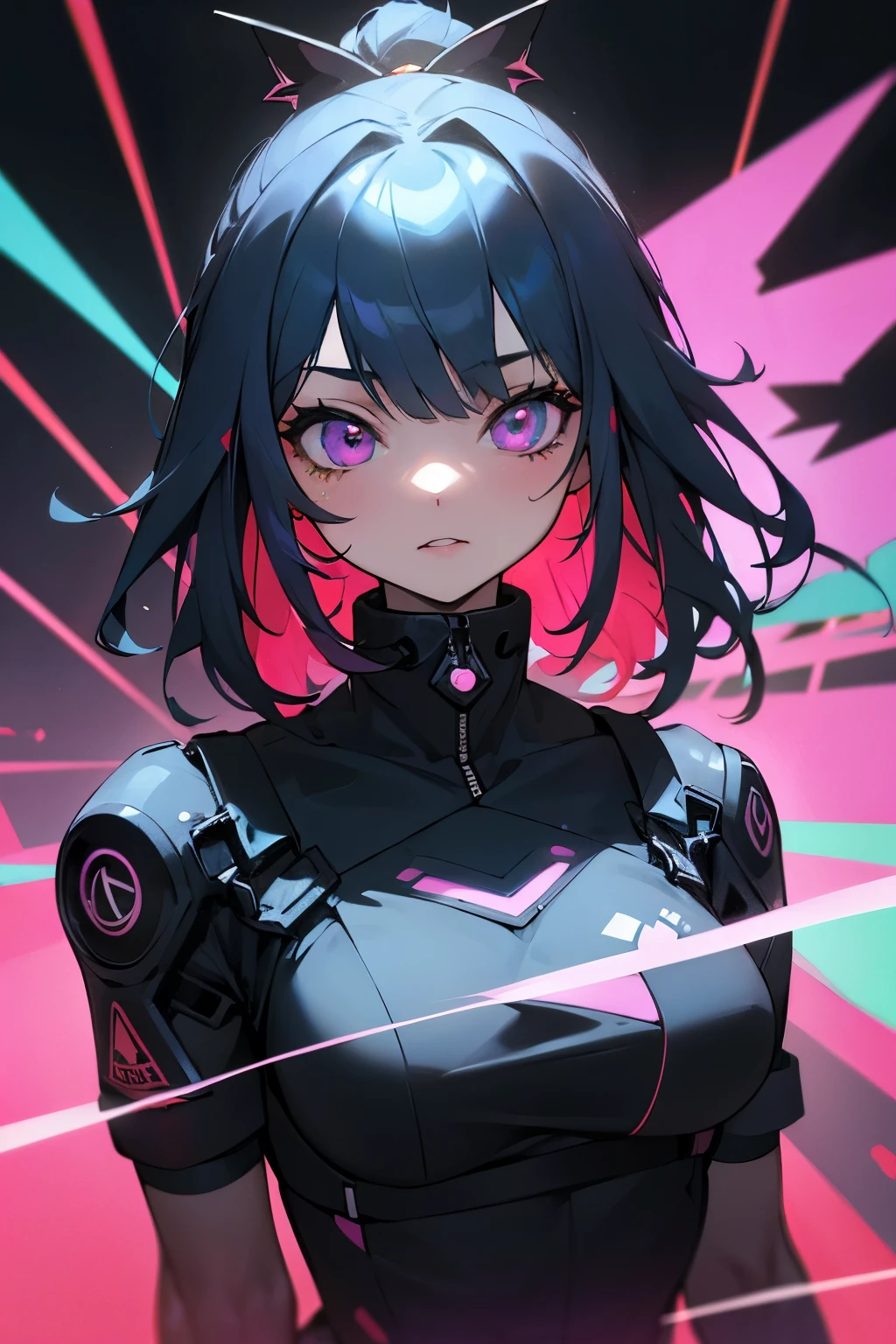 streaked hair, shiny hair, hairpods, multicolored eyes, modern, anime, cinematic lighting, sparkle, zoom layer, pov, UHD, textured skin, super detail, high quality, best quality, high details, masterpiece, Cyberpunk, futuristic metropolis, neon lights, midnight, Secret agents in science fiction movies, A spy wearing a highly functional suit