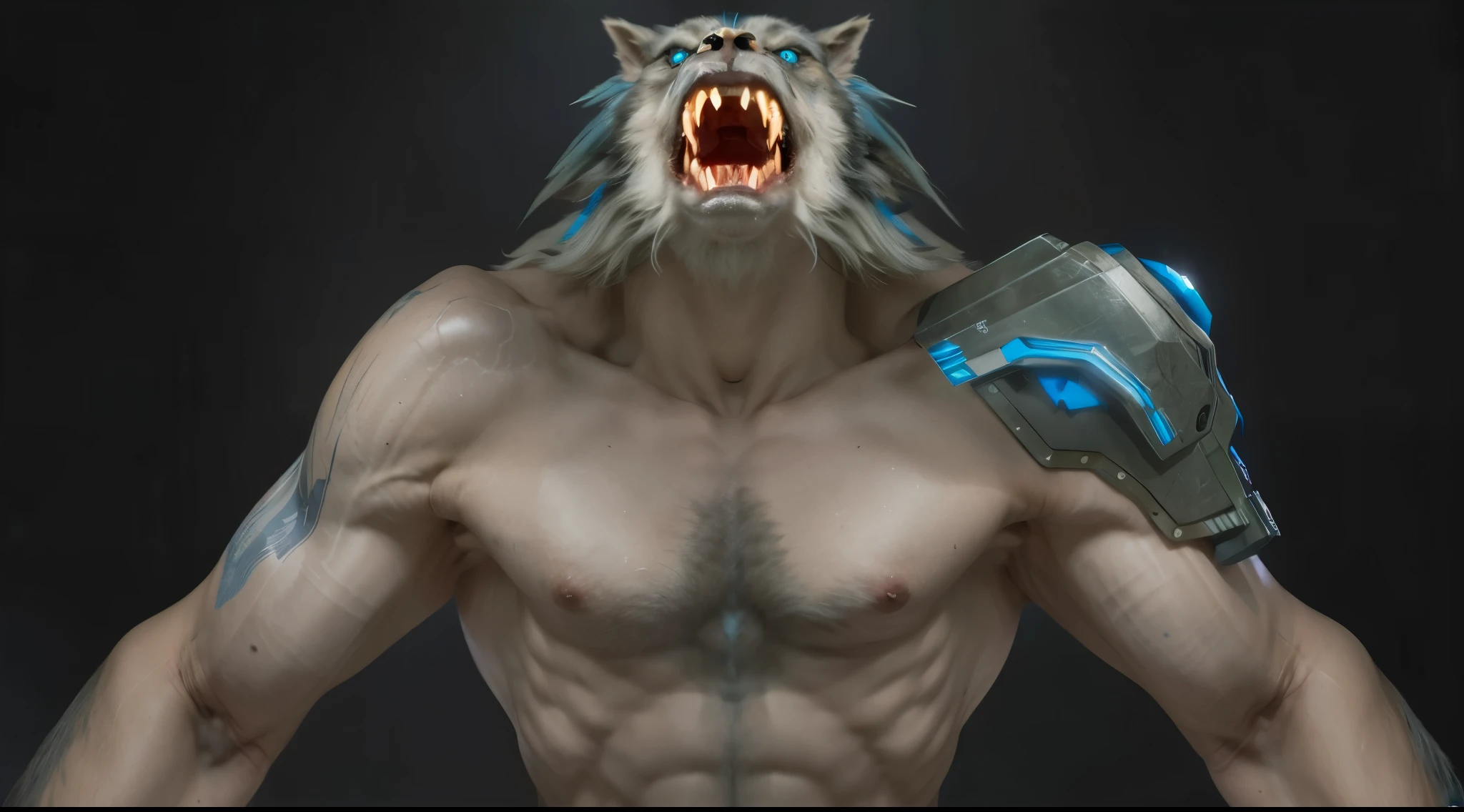 (masterpiece),(best quality:1.0),(ultra high resolution:1.0),monster, wolf face, fangs,mane, wolfteam,blue hair, face focus, muscular, 8k wallpaper, full body