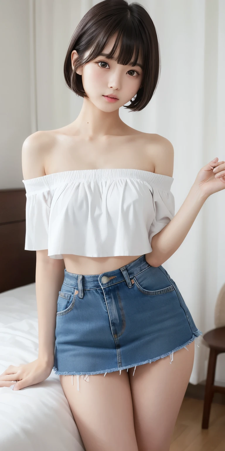 Leaning forward in bed、white off shoulder cut and sew、Bra that looks a little、a japanese girl、17 years old girl、small tits、perfect chest、flawless skin、Wet hair、perfect body type、小柄、Small butt、Bob Hair、A dark-haired、bangs whorl、Denim skirt
