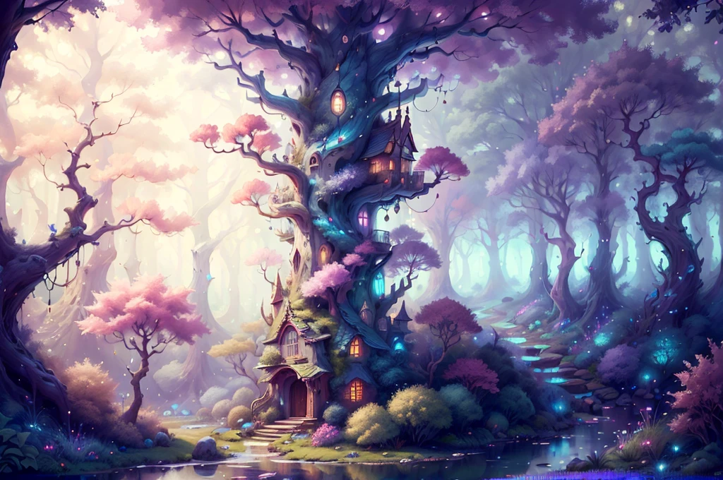 FairyTaleAI masterpiece, trending, 8K a magical forest filled with towering trees and sparkling stream