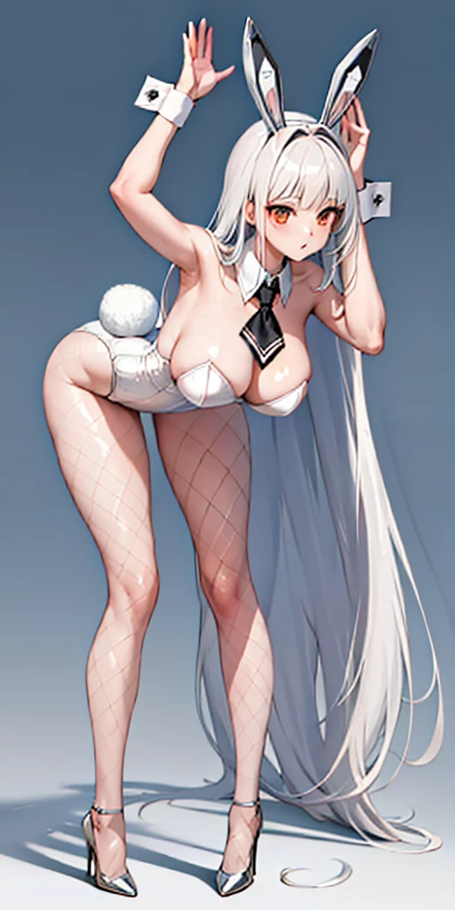 1girl, bunny, solo, animal ears, rabbit ears, high heels, long hair, pantyhose, tail, very long hair, wrist cuffs, rabbit tail, leotard, large breasts, cleavage, necktie, fishnets, fake animal ears, blue background, detached collar, bent over, white hair, white leotard, full body, black necktie, strapless leotard,blanc \(nikke\)