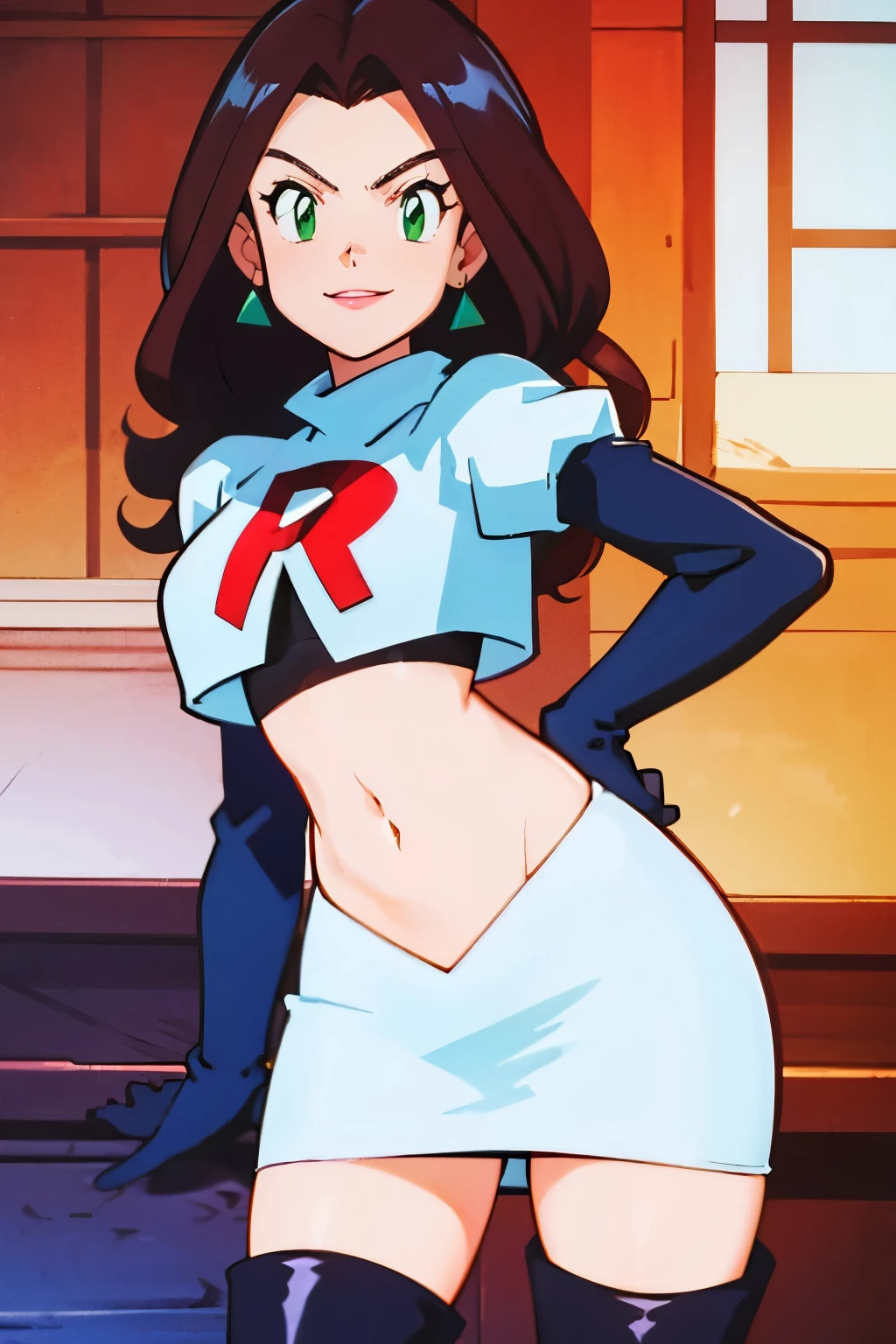 dorothea, green eyes, ,glossy lips ,team rocket,team rocket uniform, red letter R, white skirt,white crop top,black thigh-high boots, black elbow gloves , looking at viewer, evil smile, sexy poses