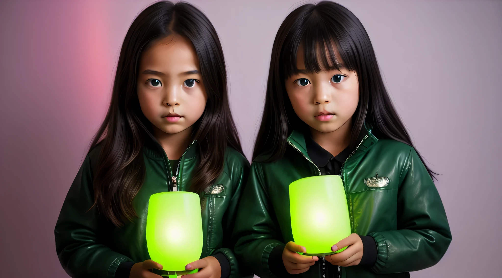 there are two children holding a green light bulb, olhos verdes jaqueta verde couro sobrenatural, Poster photo, brilho verde,