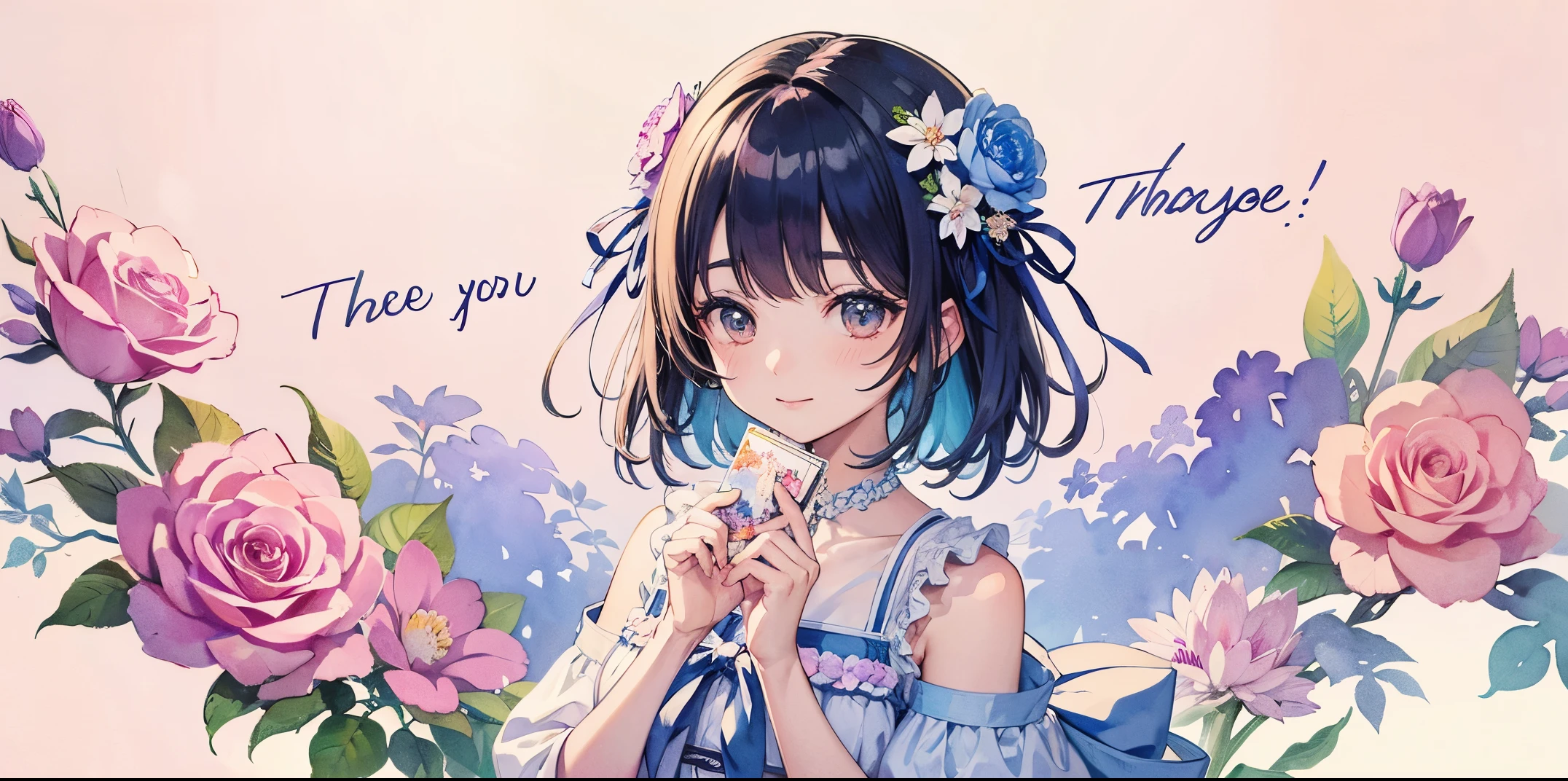 messages   ｢thank you｣ ,  Light color flower watercolor touch card style