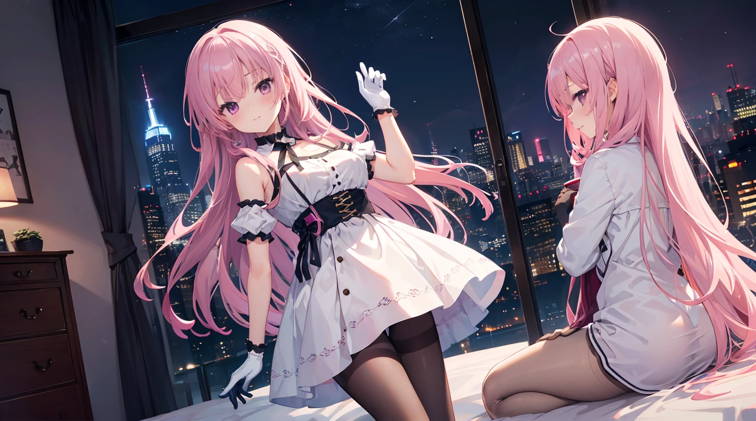 one-girl,solo,The city at night,is shy,Be red in the face,((white dresses)),lacepantyhose,((白色的lacepantyhose)),medium,gentleness,ssmile,((With bare armlack glove,Place your hands behind your back,In the bedroom,On a white bed,night city background,Mitsukasa Ayase,Long straight pink hair,No hair accessories,7 figures