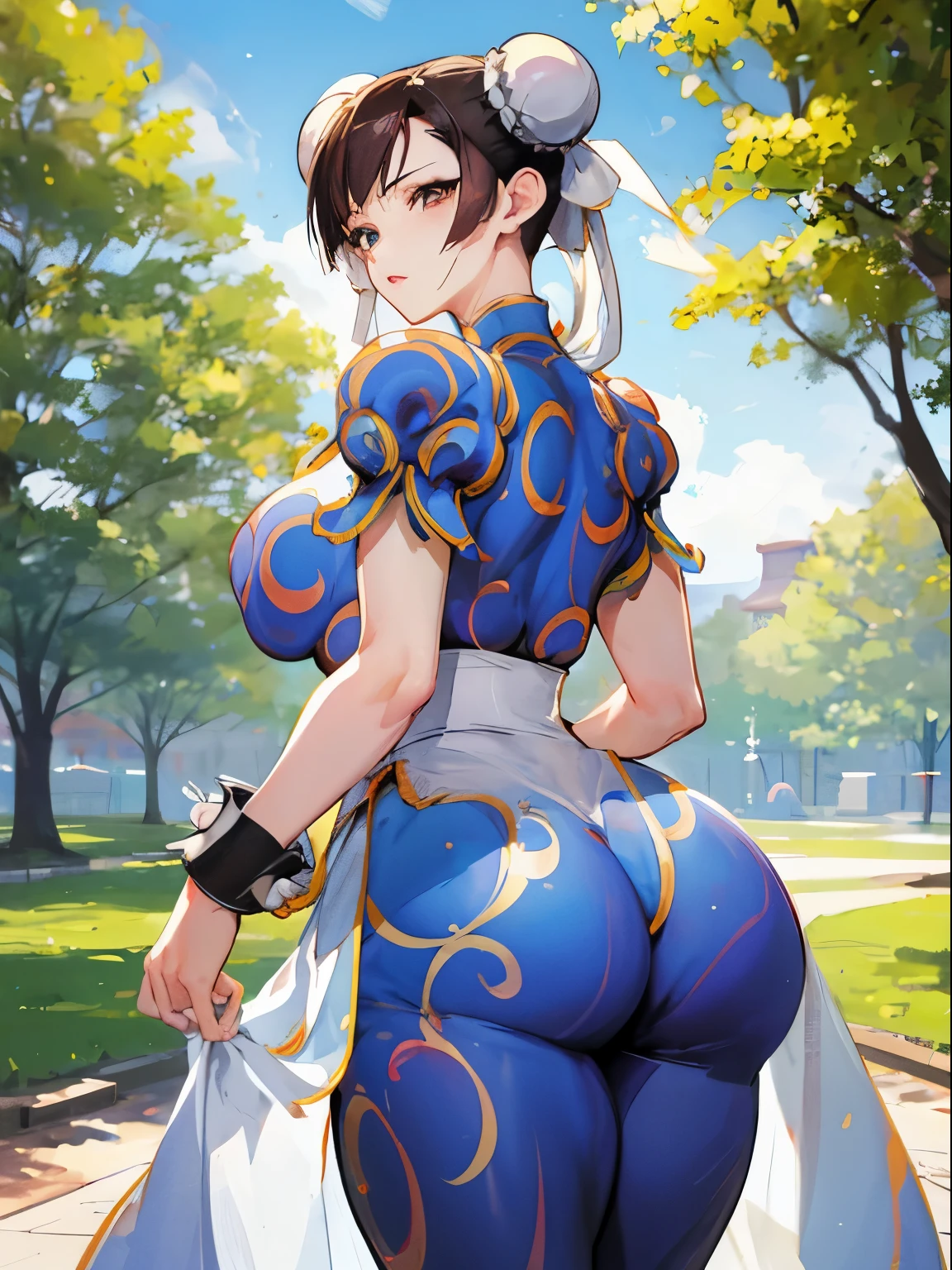 ((Chun li)), ((big ass)), In the park on a sunny day, wearing a white dress