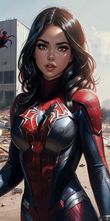 Spider - Man and woman in a black and red suit standing in a junkyard, ( ( Mulher-Aranha ) ), Mulher Aranha, Wojtek FUS, Mulher-Aranha!!!!!, Mulher-Aranha!!, fanart requintada altamente detalhada, Artgerm extremamente detalhado, Alena Aenami e Artgerm, medium close - up ( Mcu ), Artgerm 4K