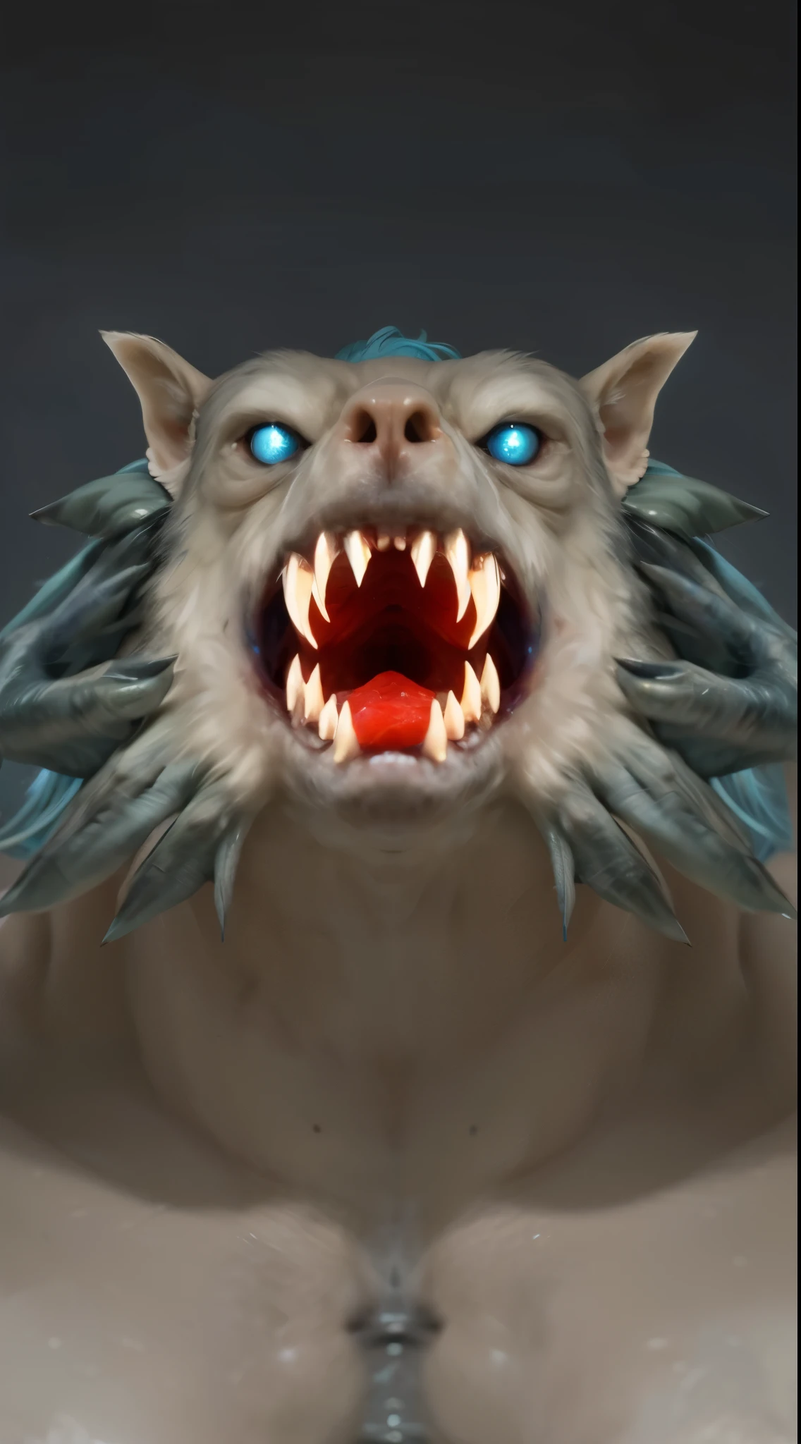 (masterpiece),(best quality:1.0),(ultra high resolution:1.0),monster, werewolf, blue hair, blue eyes, menacing look,claws, wolfteam, face focus, 8k wallpaper, full body