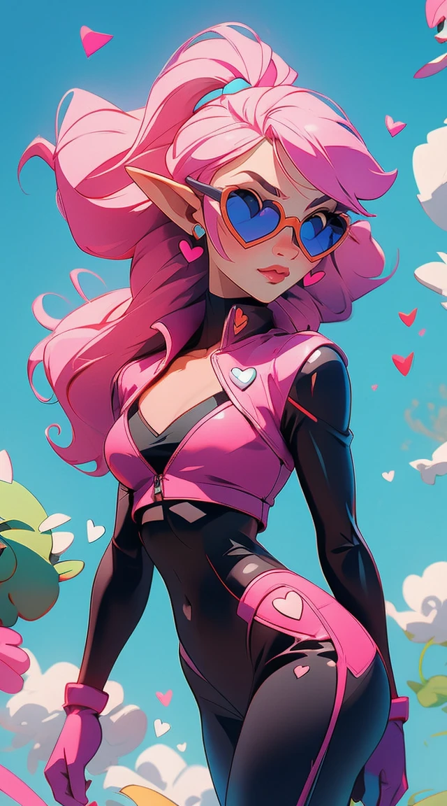 demon goblin, , catsuit, fundo da floresta, pink features, pink heart sunglasses, Floating hearts, Tatuagens, Chamas azuis; Meninas Superpoderosas, My Pony, hello kitty [Emma Roberts]; ultra detalhado, 8k