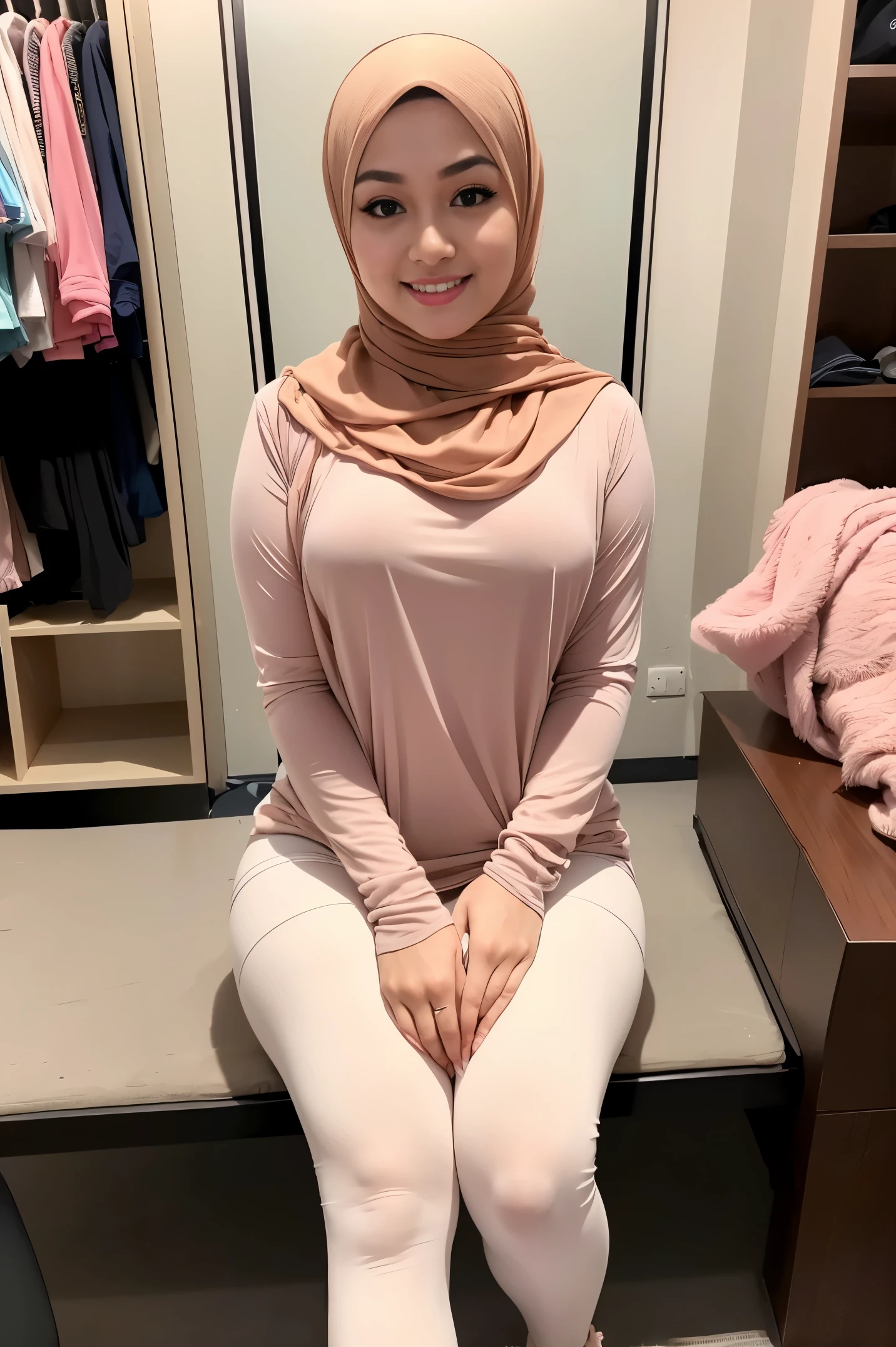 RAW, Best quality, high resolution, masterpiece: 1.8), beautiful Malay woman in hijab, Masterpiece, big gorgeous eyes, Soft smile, wear tight light pastel long sleeve shirt and  light pastel tight legging,wet cameltoes,in changing room, Excellent lighting, Bright colors, Clean lines