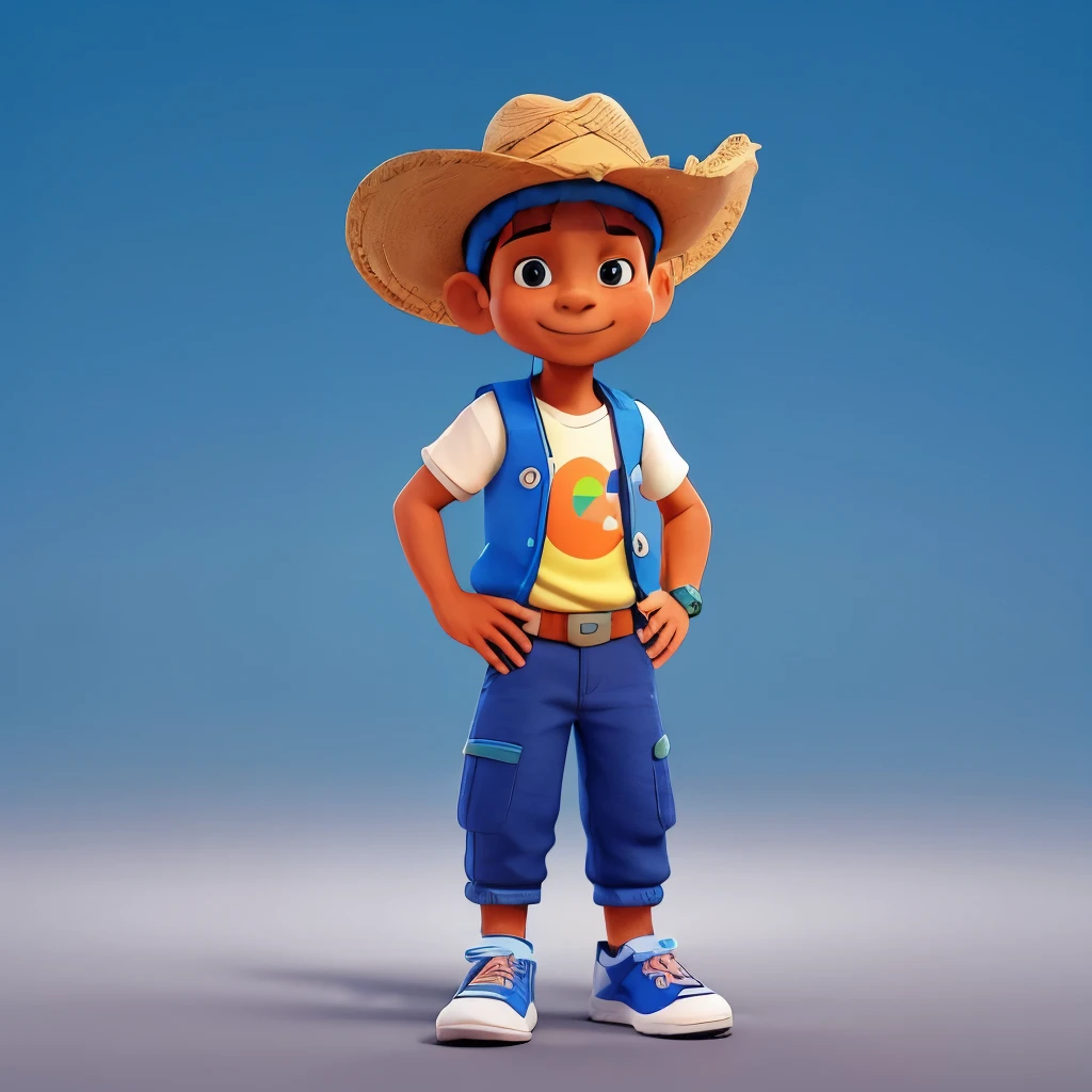 Un campesino con sombrero de color naranja, con camiseta de color azul cielo, con chaleco de color azul oscuro, with black pants and white tennis shoes