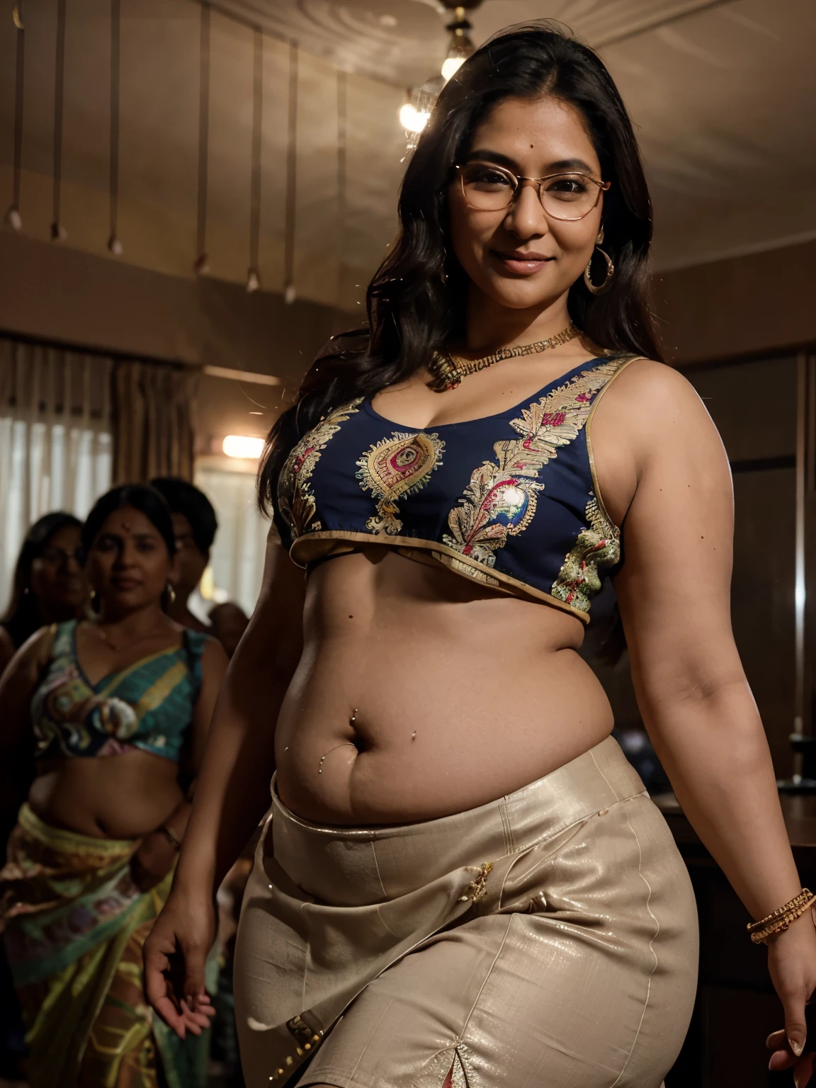 Indian whore aunty in embroidered crop-top and skirt, (Middle-aged women), 40 years old, (chubby cheeks:1.2), (curvy body:1.3), (eyeglasses), (bindi), (Wrinkles at the corners of the eyes:1.2), A indian beauty, carismatic, light indian- skin, view the viewer, naughty smile, in a night club, dark lighting.