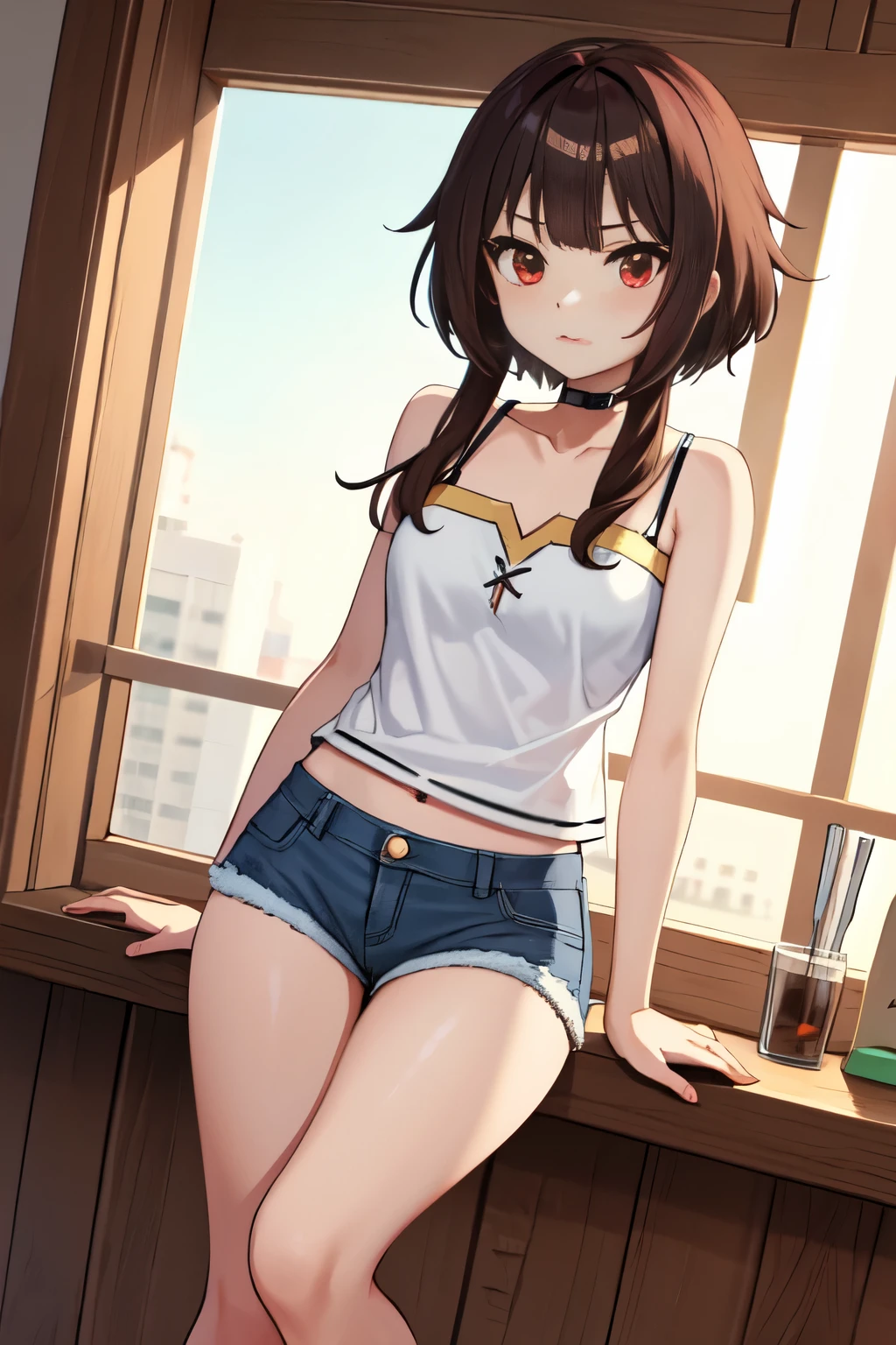 1girl (Megumin), cabelo castanho, cabelo curto, red eyes, topo de corte, denim shorts, quarto, coxas listradas,