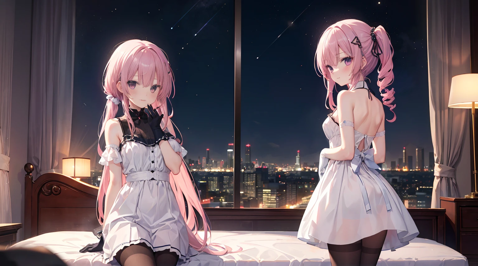 one-girl，solo,The city at night，is shy，Be red in the face，((white dresses))，((白色的lacepantyhose))，lacepantyhose，medium，gentleness，ssmile，((With bare armlack glove，Place your hands behind your back，In the bedroom，On a white bed，night city background，Mitsukasa Ayase，Long straight pink hair，No hair accessories，7 figures
