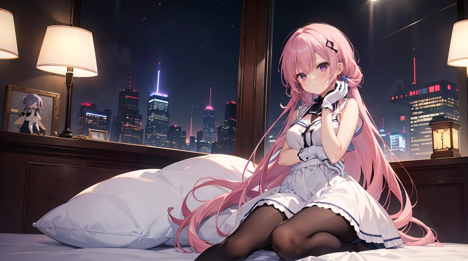 ((masterpiece)), ((Best Quality)), (Ultra-detailed), Anime style, Cute , 1girl in, Solo, 8k, sitting on the bed, young girl , flat chest, bare shoulders , shy girl
