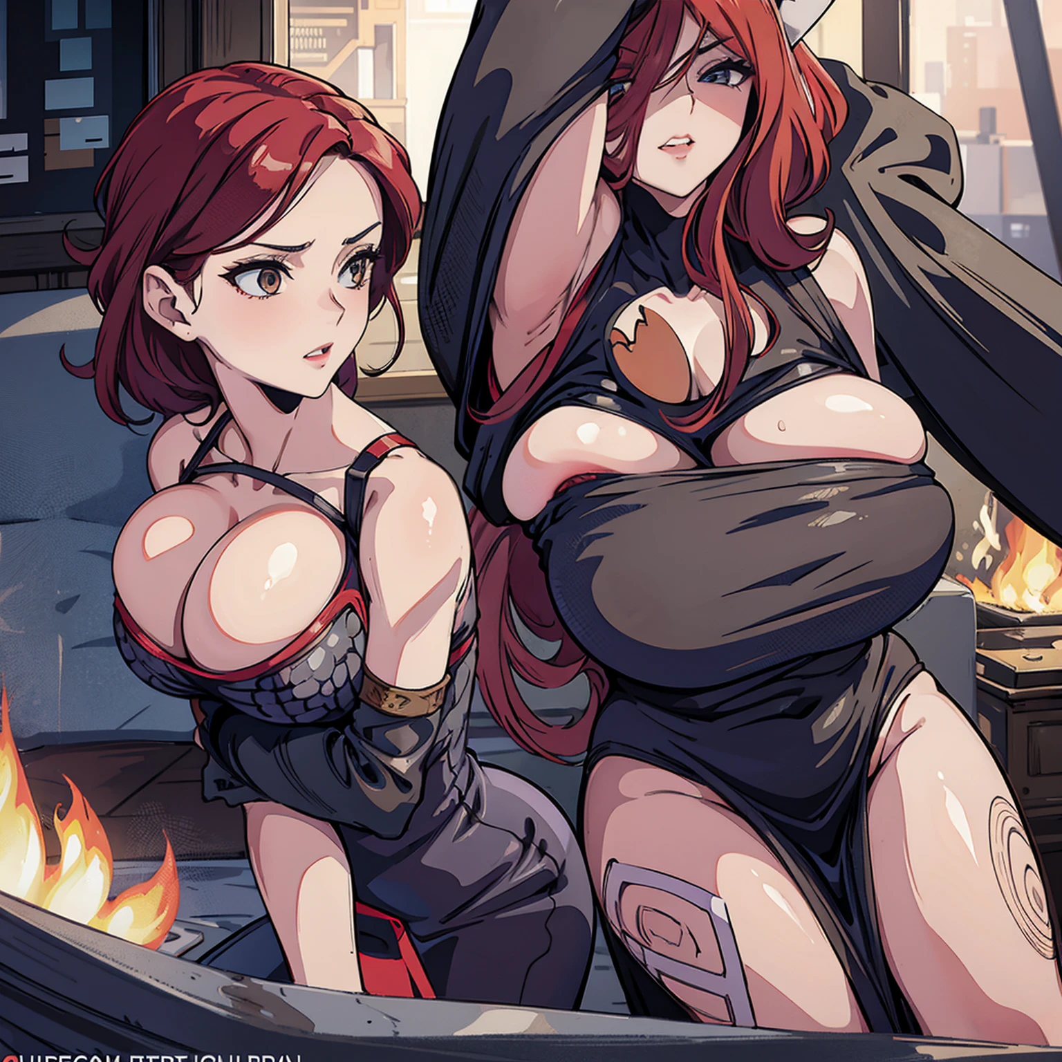 Milf, strap dress, sexy abs, ultra detail, sexy body, cleavage, big breast, seductive expression, sexual expression, long red hair, motherly expression on her face, mature women