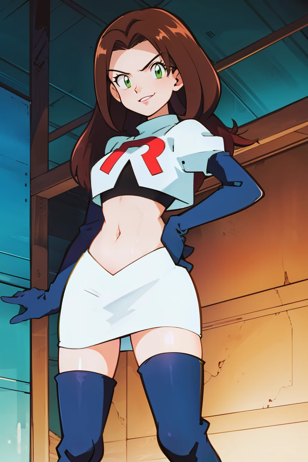 dorothea, green eyes, ,glossy lips ,team rocket,team rocket uniform, red letter R, white skirt,white crop top,black thigh-high boots, black elbow gloves , looking at viewer, evil smile, sexy poses